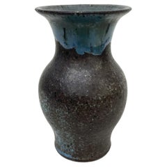 Artful Tiny Weed Pot Bud Vase Draped Blue Glaze on Black 1970s Modern