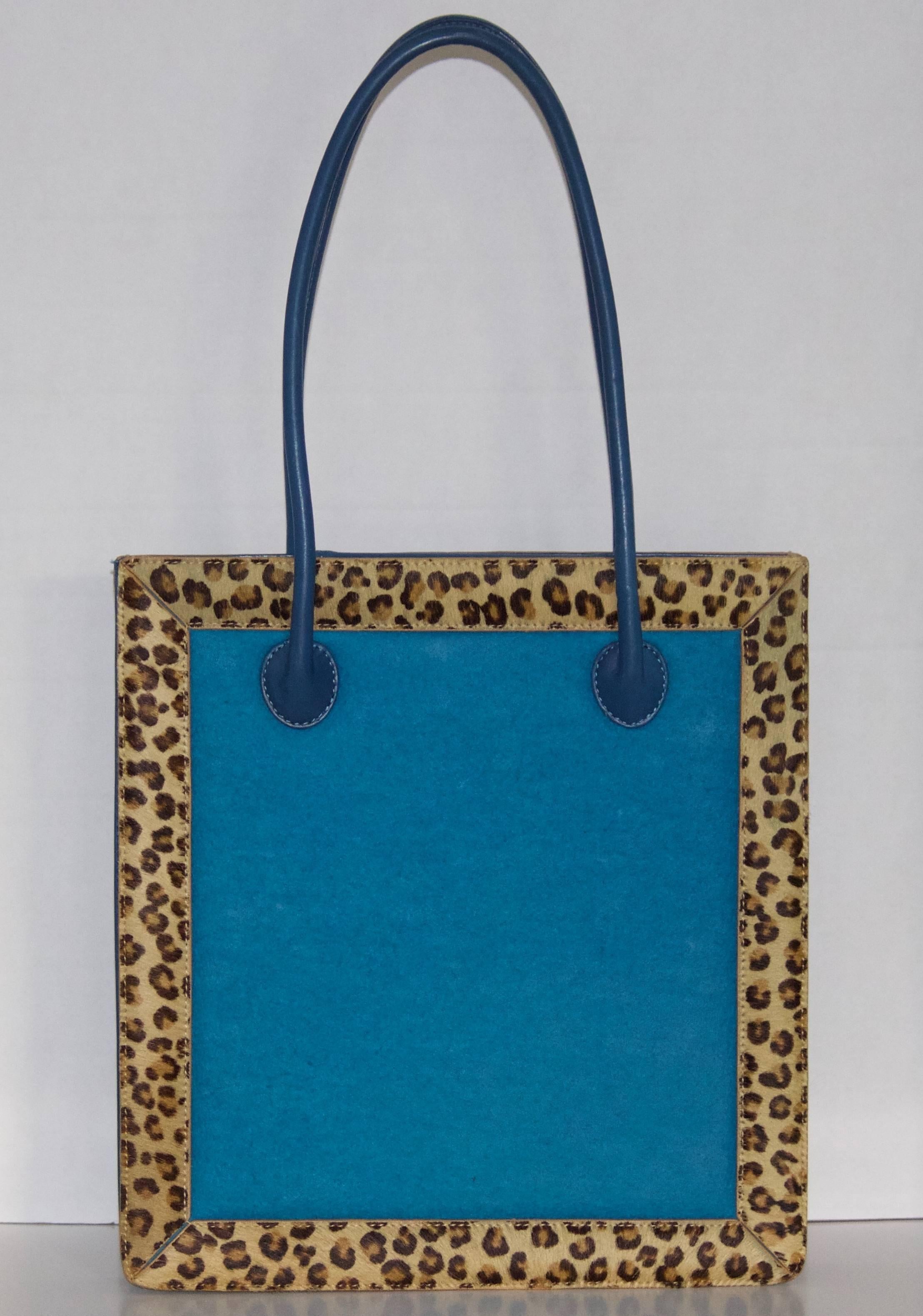 Embroidered Artful Vintage Nicole Miller Leather Handbag-Leopard Calf Hair Fur Trim For Sale