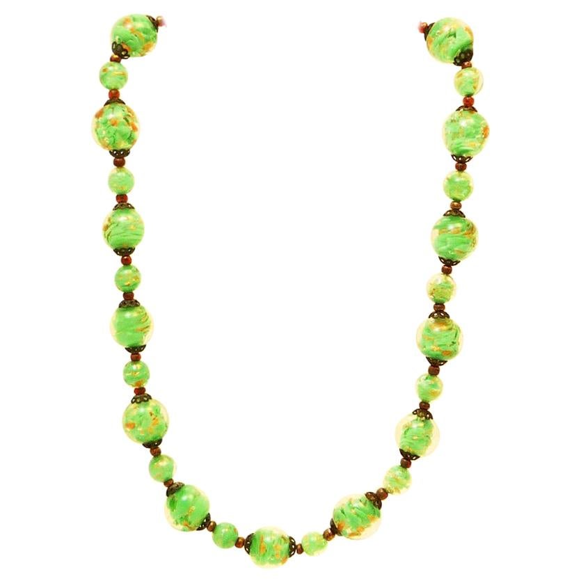 Artglass necklace Murano beads with gold flux, in bright green For Sale