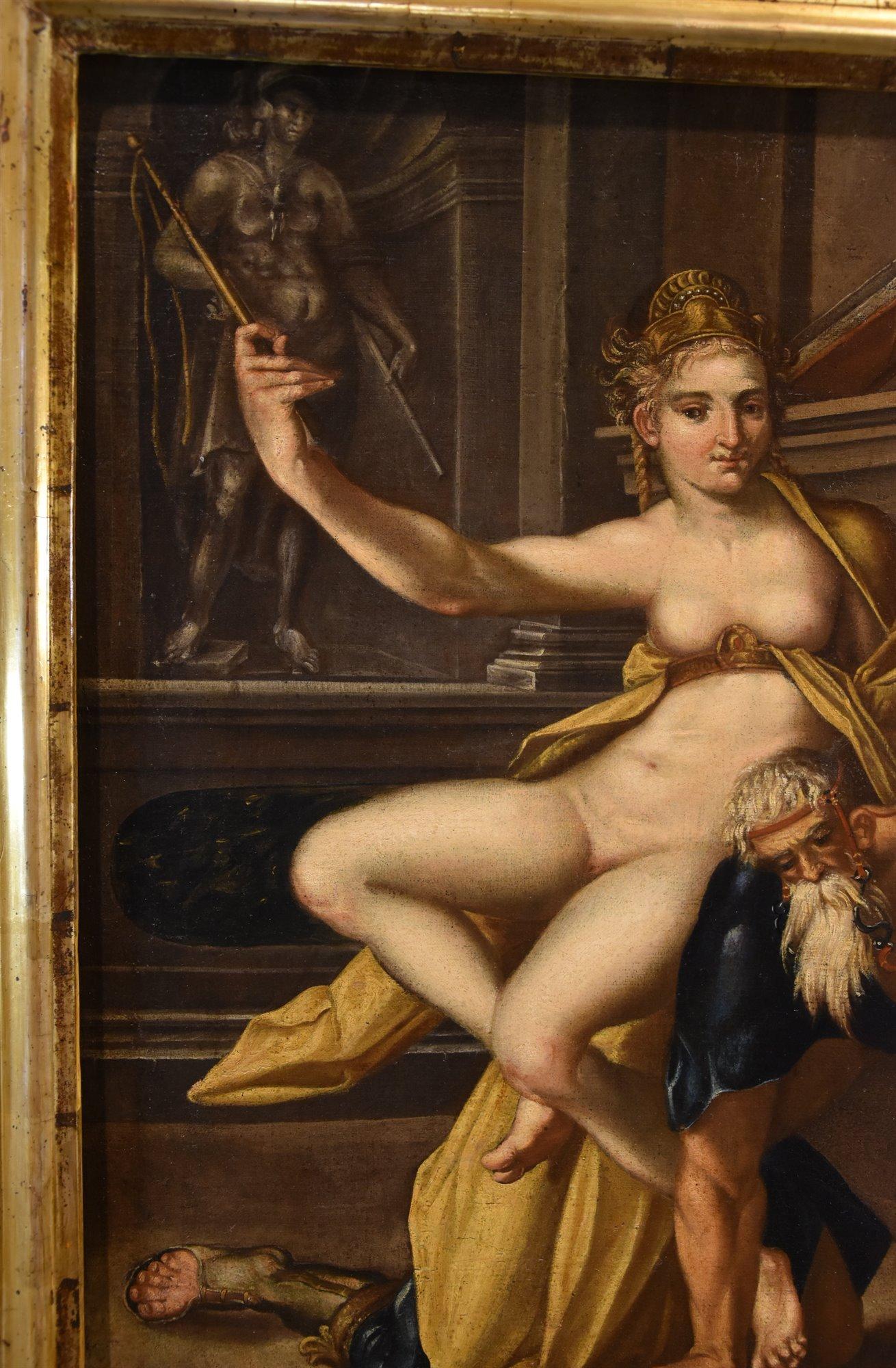 Bartholomäus Spranger (Antwerp, 1546 – Prague, 1611) workshop  

Aristotle and Phyllis  

Oil on canvas  64 x 54 cm In frame 79 x 72 cm  

The curious subject of this painting, quite common between the Middle Ages and the Renaissance, is inspired by