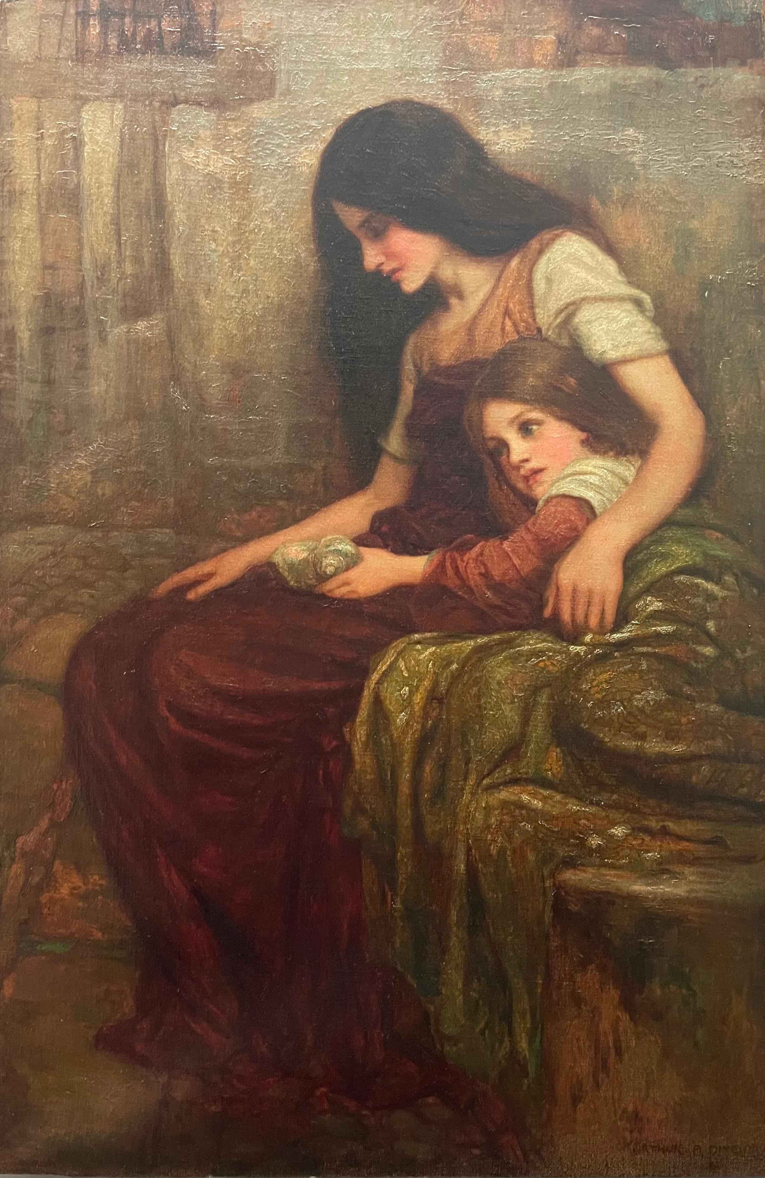 This tender painting is by Arthur Augustus Dixon, a great English artist who lived between the late 19th century and early 20th century. 
This painting is extremely rare for its subject, period, and style. 
From a young age, Arthur A. Dixon was