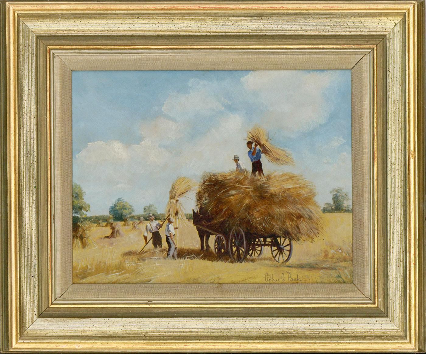 A summer scene depicting figures loading a horse-drawn hay cart. Presented in a distressed gilt-effect and white painted wooden frame with a linen slip. Signed to the lower-right edge. On board.
