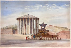 Roma 1878 Architettura classica romana Figure alla fontana Acquerello firmato