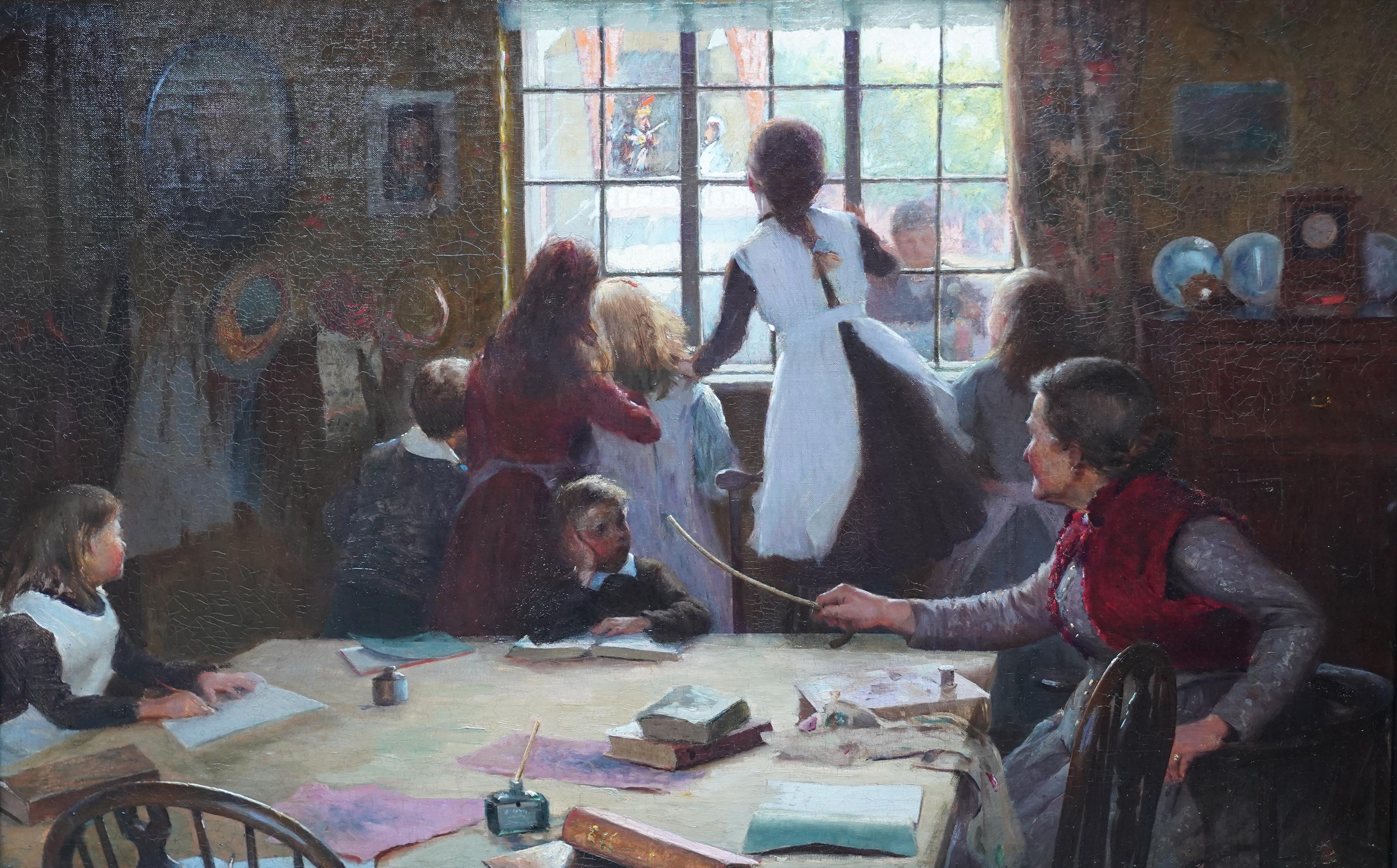 Children in School Room Interior - British Victorian Newlyn School oil painting - Painting by Arthur Alfred Burrington