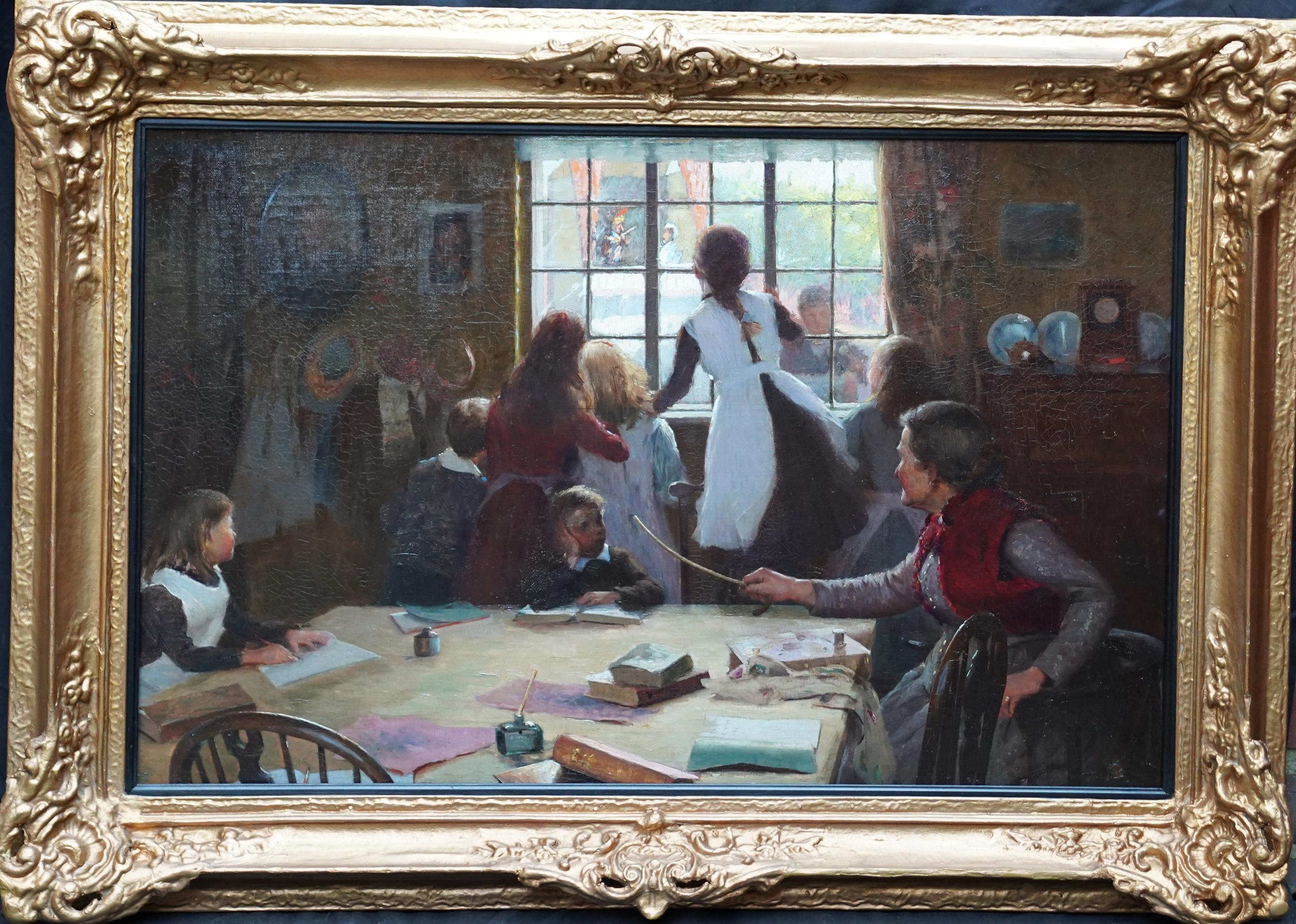 Enfants dans une salle d'école - Peinture à l'huile de l'école victorienne britannique de Newlyn