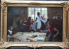 Antique Children in School Room Interior - British Victorian Newlyn School oil painting