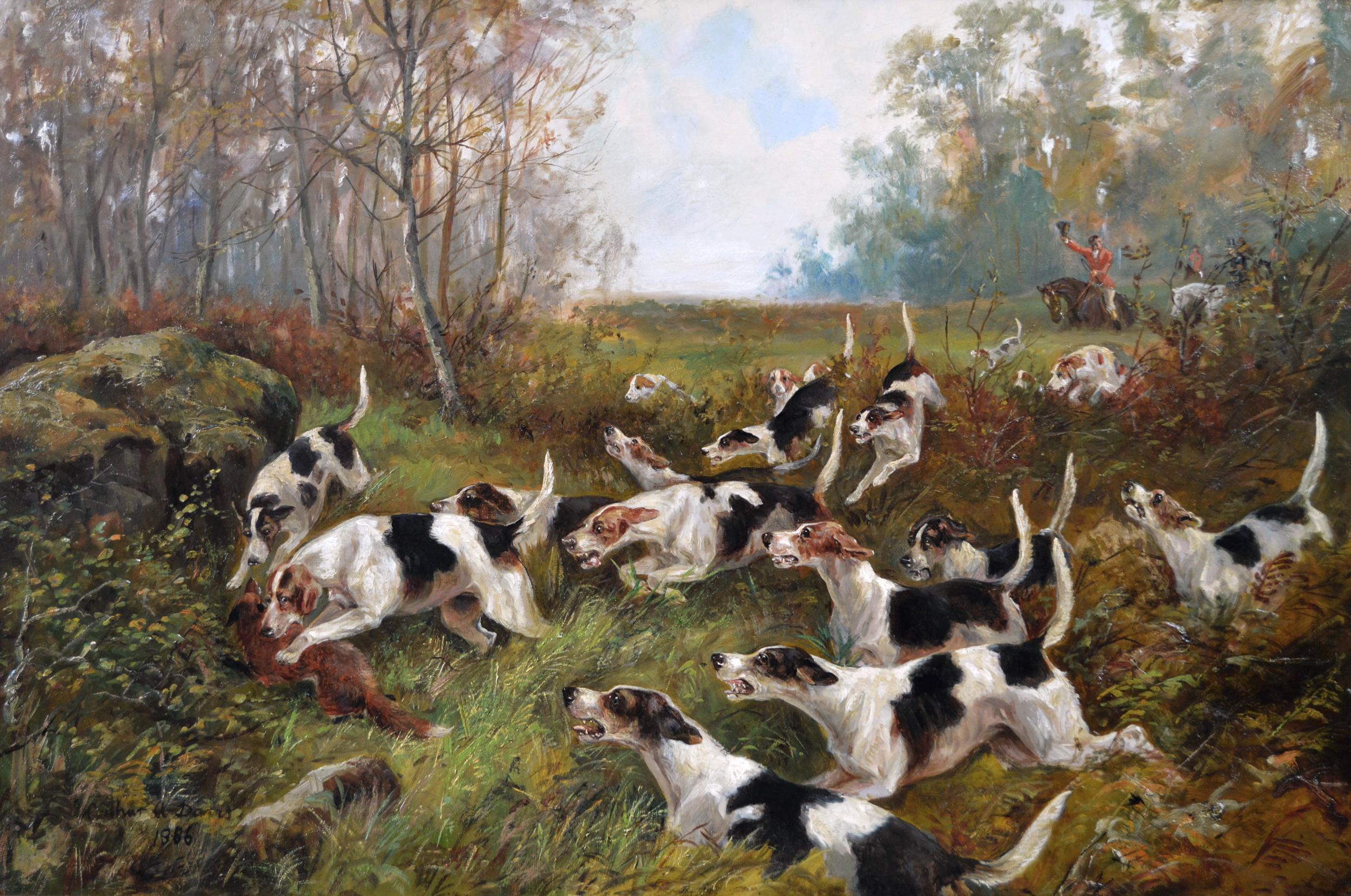 19th century sporting oil painting of dogs hunting - Painting by Arthur Alfred Davis