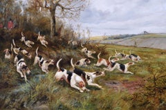 19th century sporting oil painting of dogs hunting
