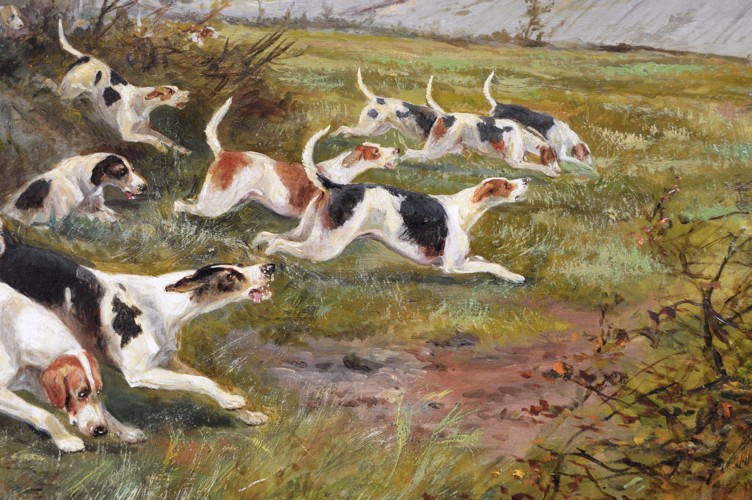 19th century sporting oil painting of dogs hunting - Victorian Painting by Arthur Alfred Davis