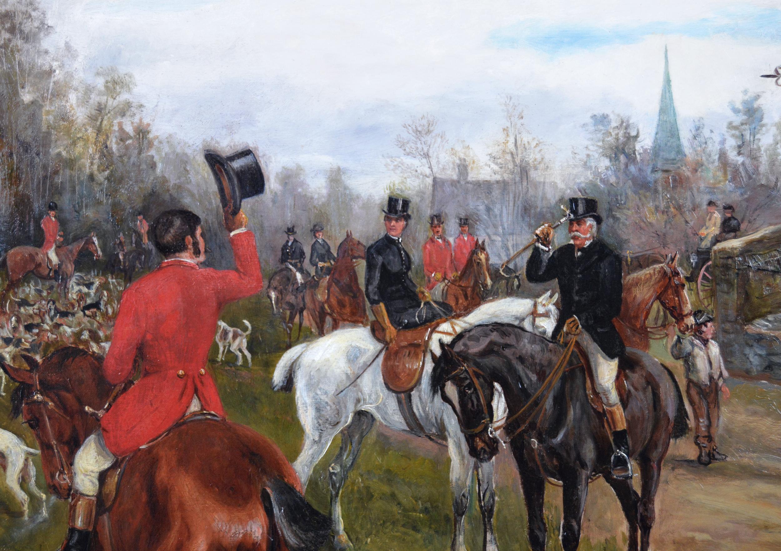 19th century sporting oil painting of dogs hunting - Brown Animal Painting by Arthur Alfred Davis