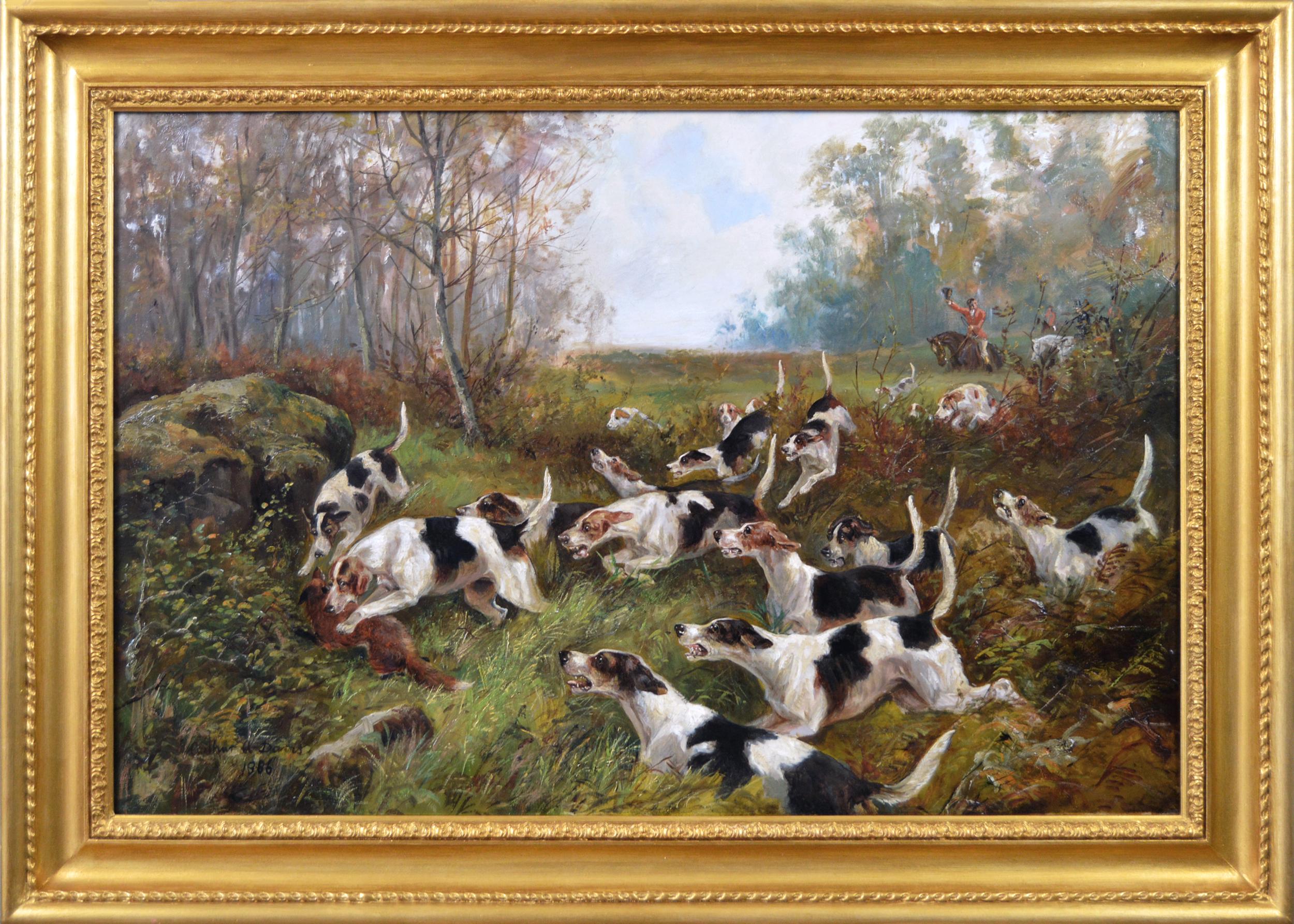 Arthur Alfred Davis Animal Painting - 19th century sporting oil painting of dogs hunting