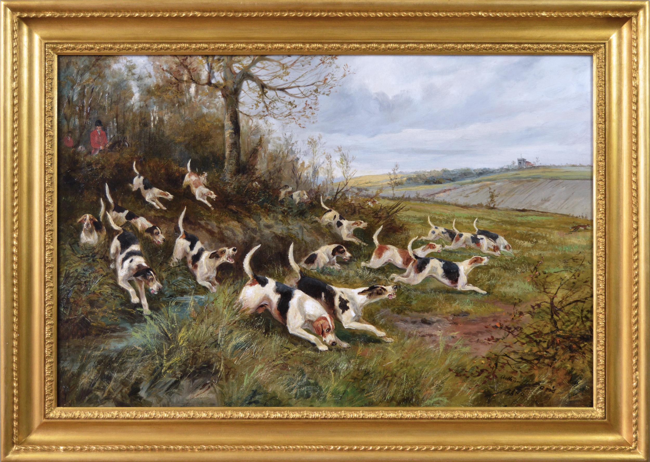 Arthur Alfred Davis Animal Painting - 19th century sporting oil painting of dogs hunting