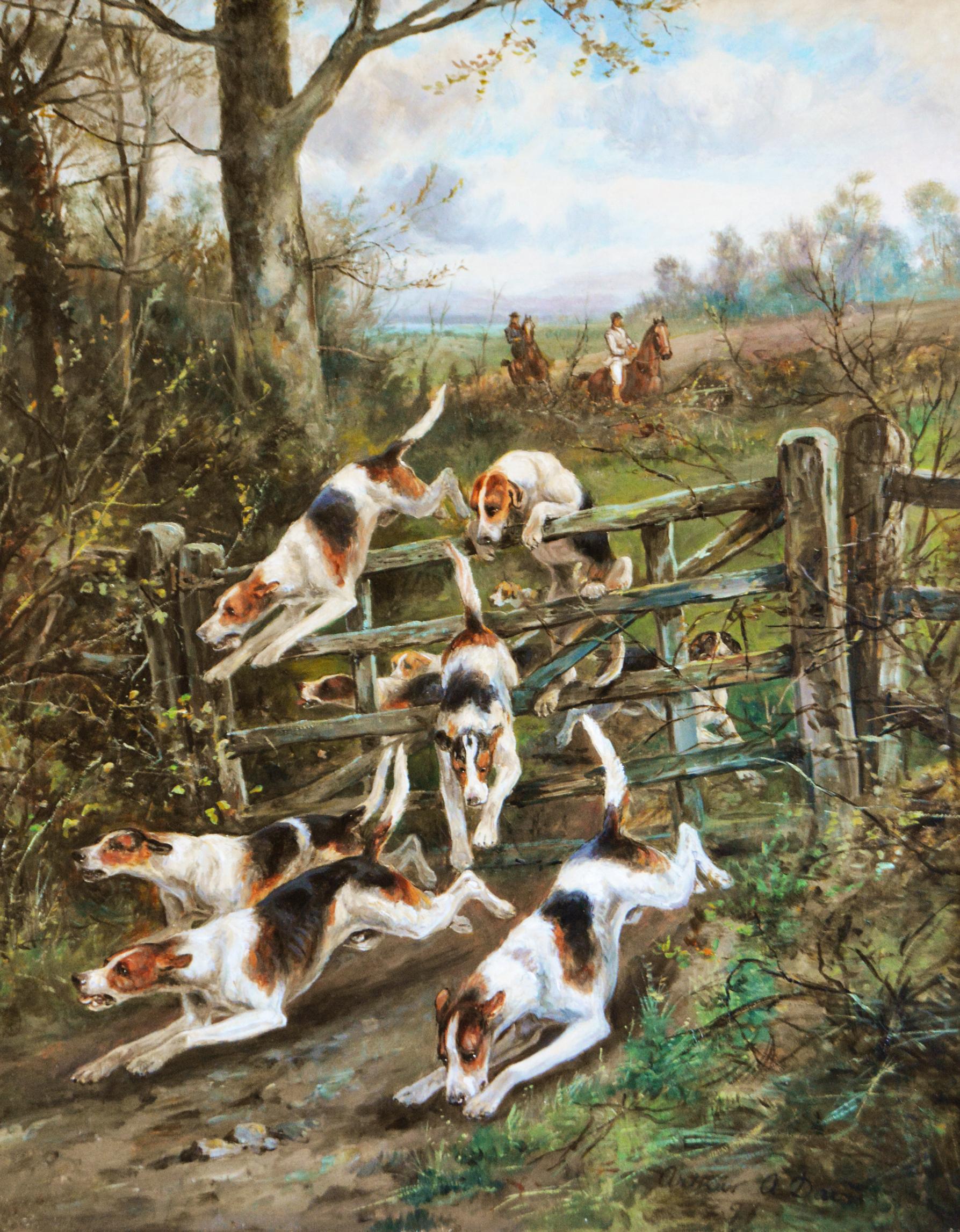 Large scale 19th century sporting oil painting of dogs hunting - Painting by Arthur Alfred Davis