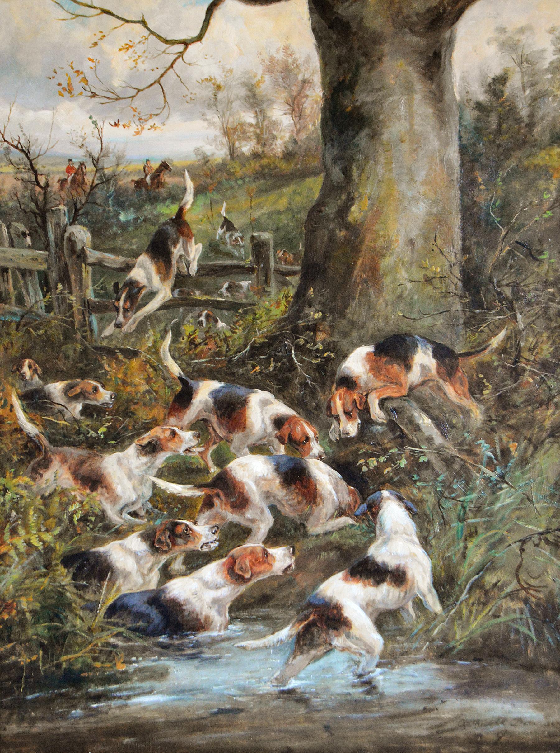 Large scale 19th century sporting oil painting of dogs hunting - Painting by Arthur Alfred Davis