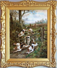 Large scale 19th century sporting oil painting of dogs hunting