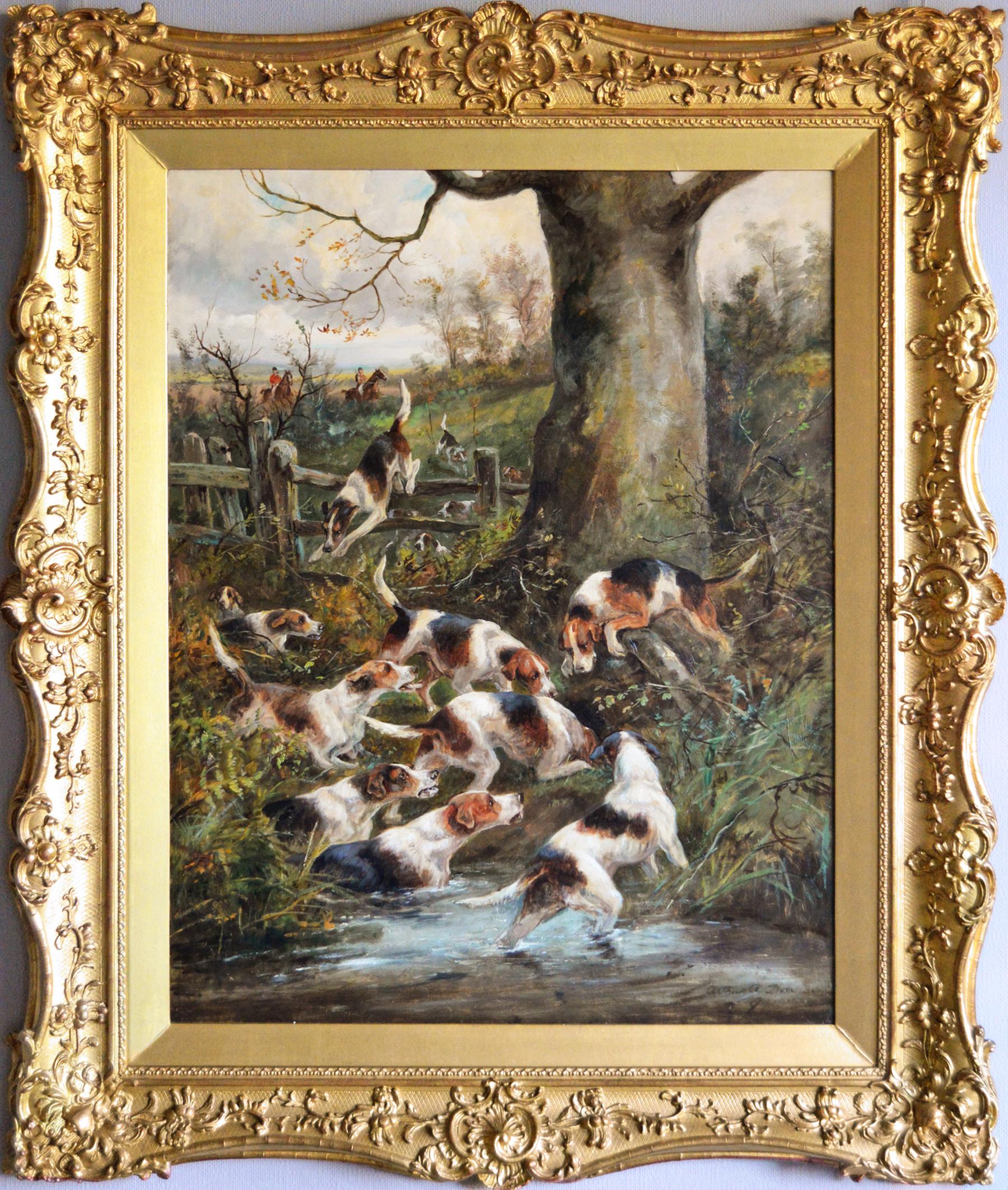 Arthur Alfred Davis Landscape Painting - Large scale 19th century sporting oil painting of dogs hunting