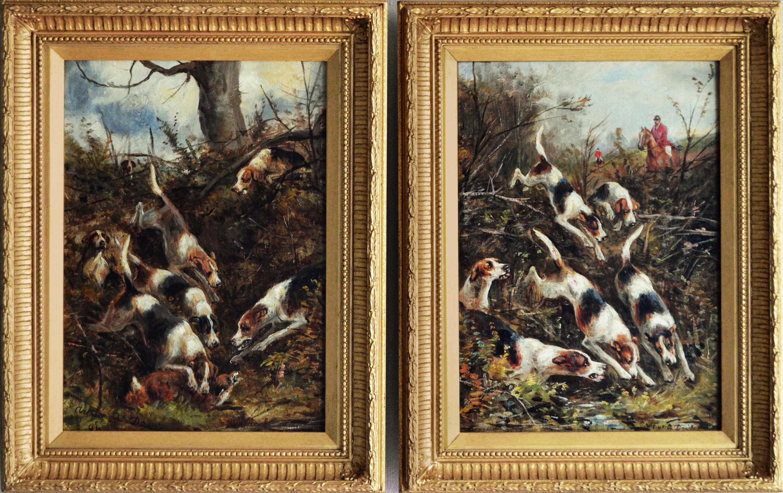 Arthur Alfred Davis Animal Painting - Pair of 19th Century hunting oil paintings