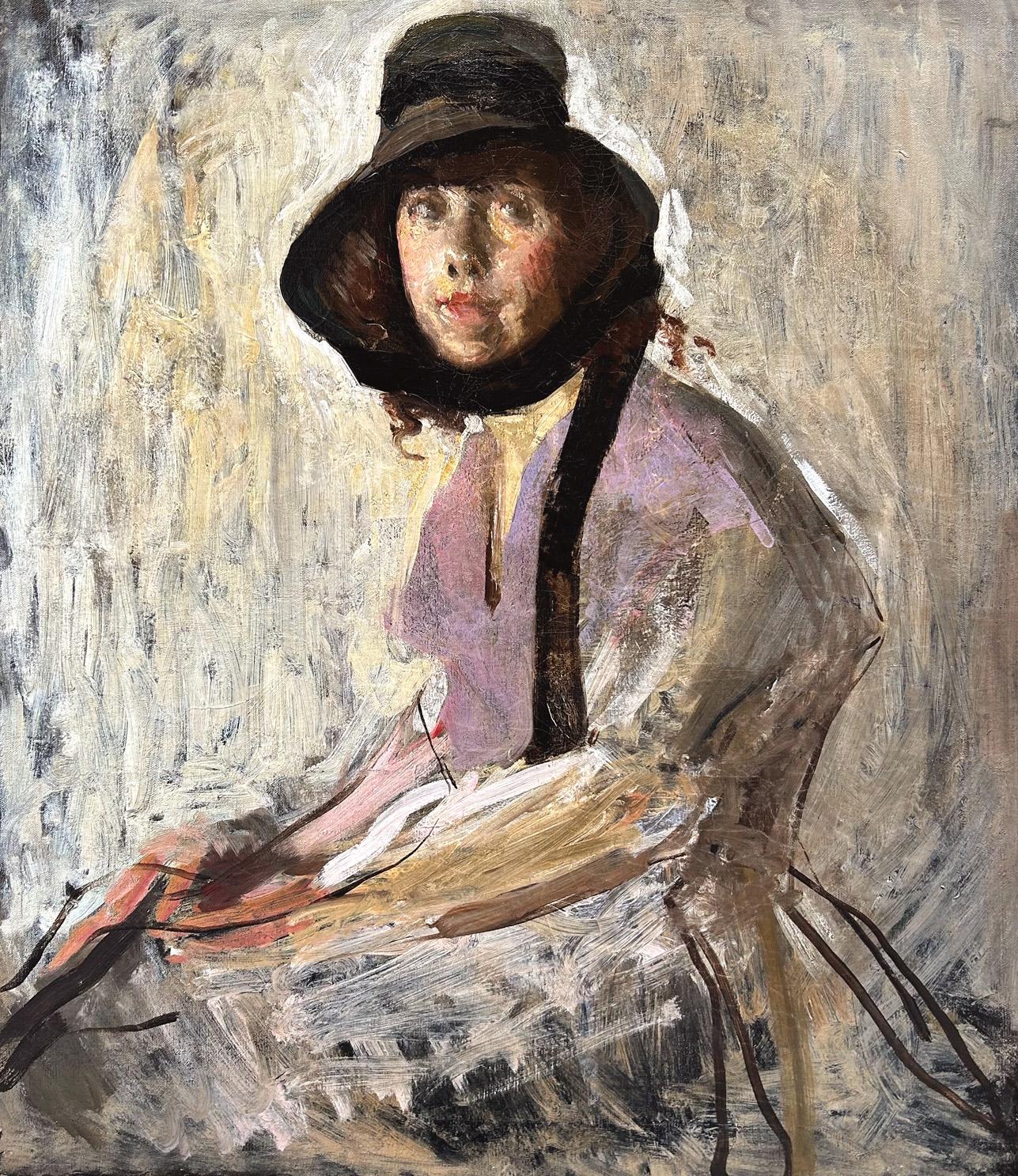 Porträt einer Dame in einer schwarzen Bonnet – Painting von Arthur Ambrose McEvoy