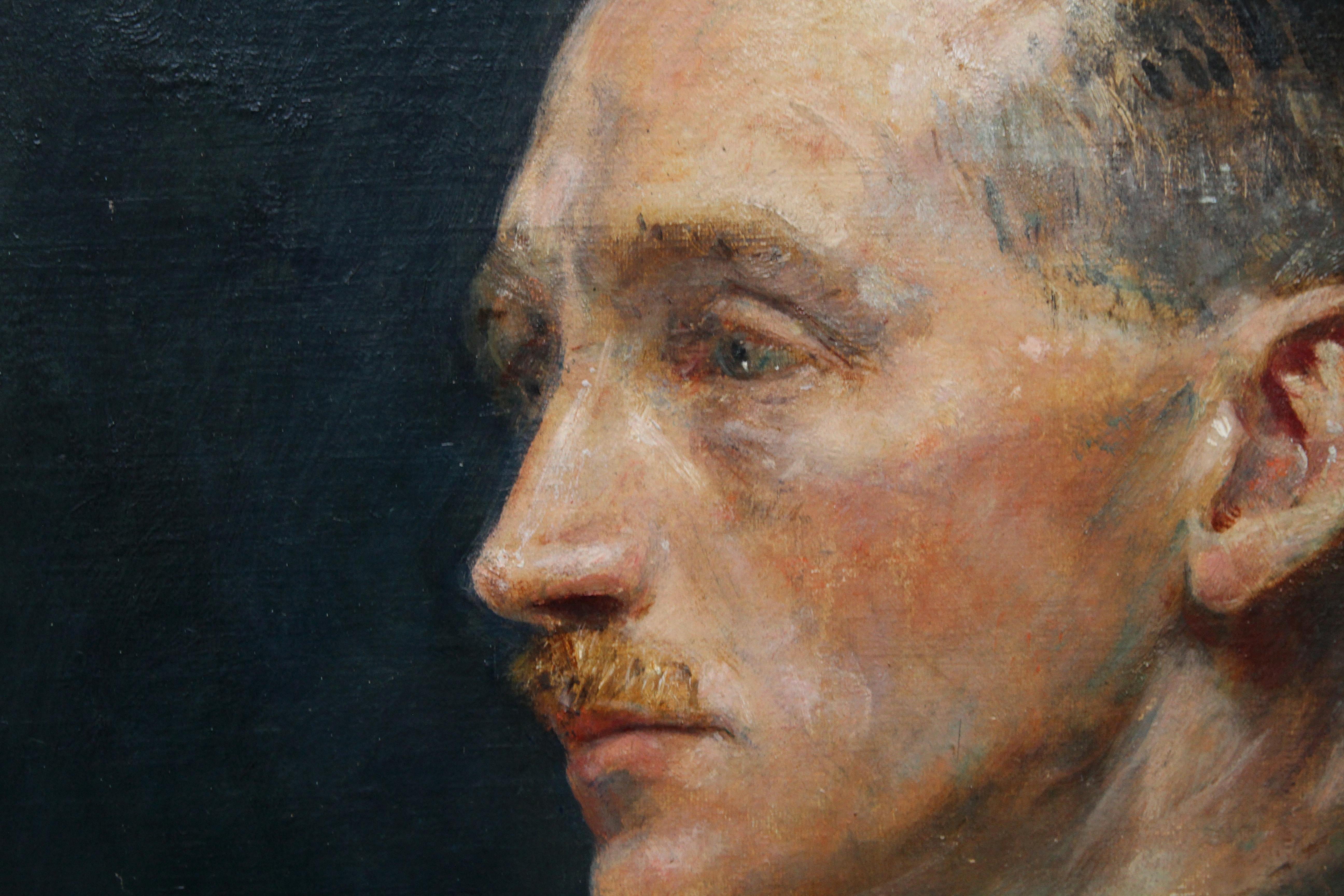 Portrait of Dr Anderson - British Slade School oil painting military uniform WWI - Purple Portrait Painting by Arthur Ambrose McEvoy