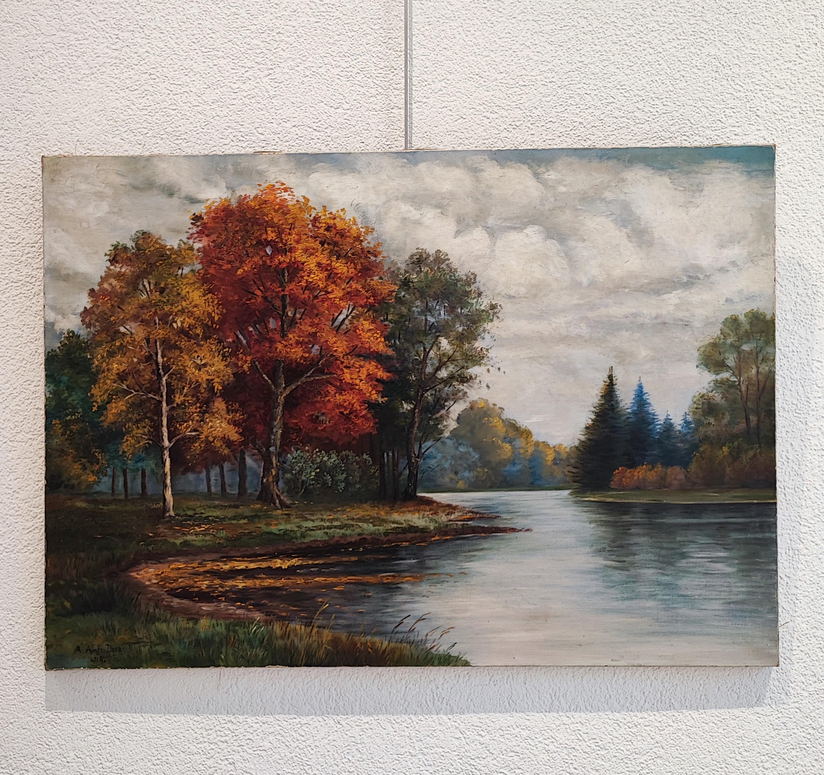 Paysage de lac d'automne - Painting de Arthur Amez-Droz