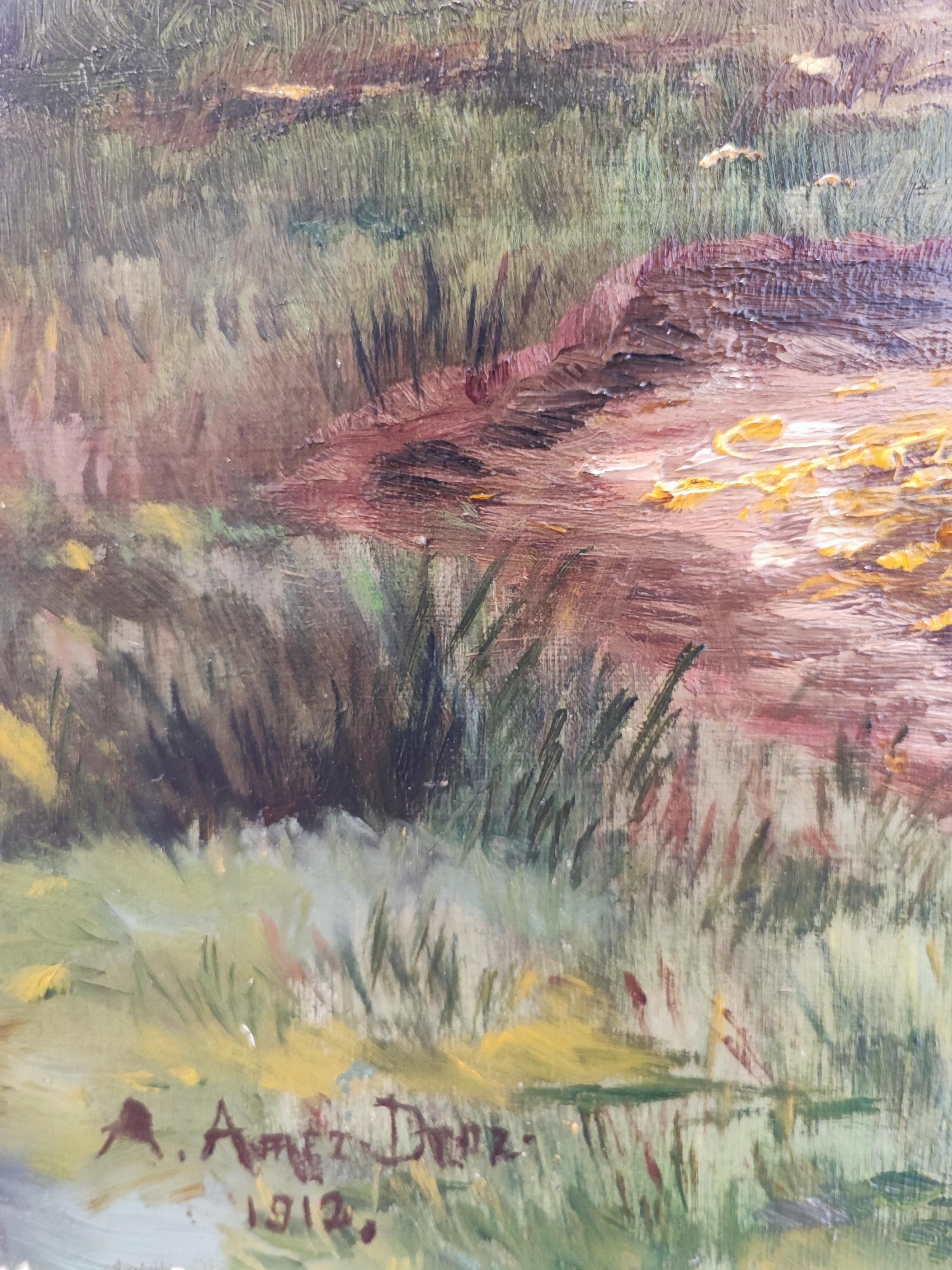 Paysage de lac d'automne - Noir Landscape Painting par Arthur Amez-Droz