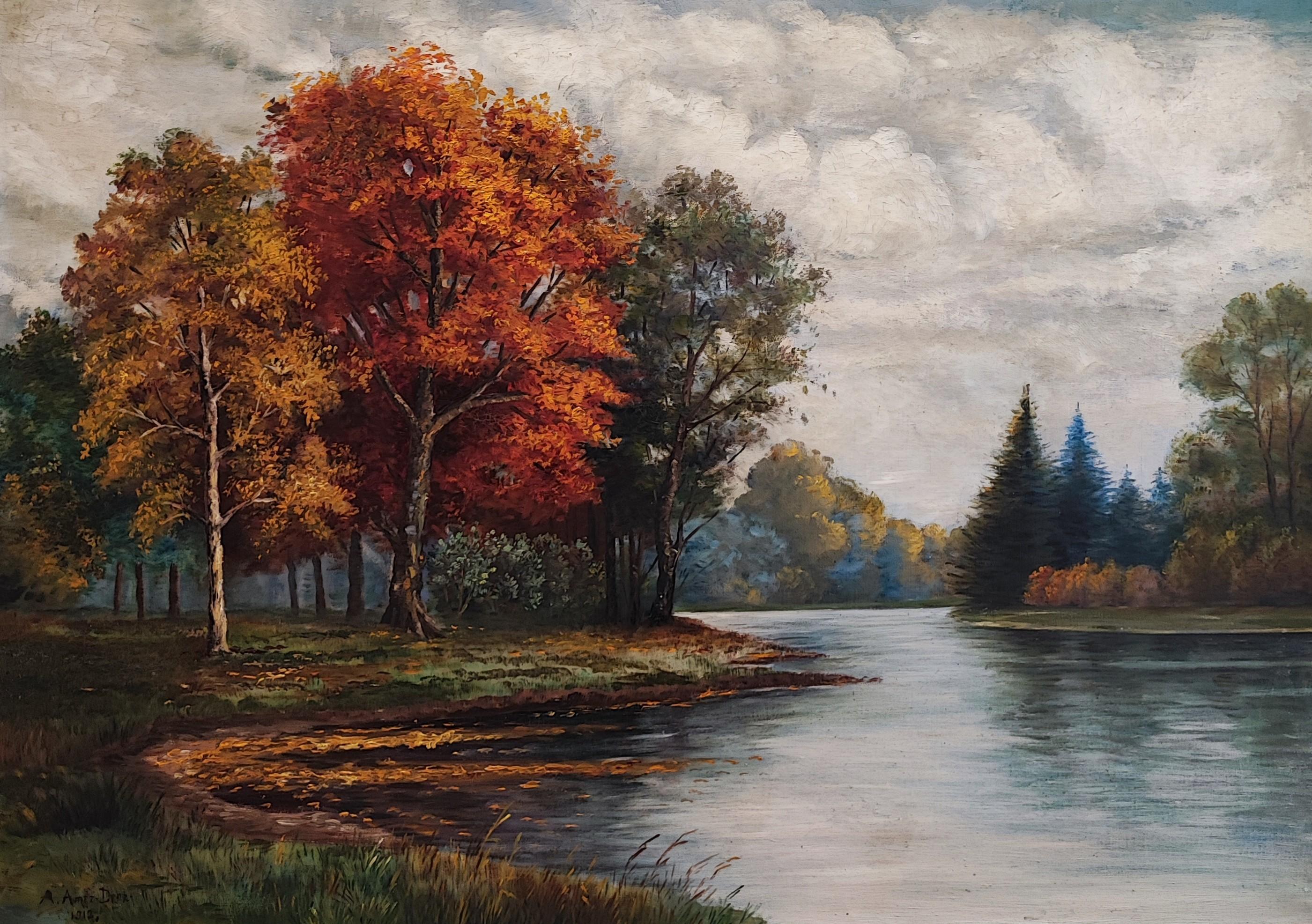 Landscape Painting Arthur Amez-Droz - Paysage de lac d'automne