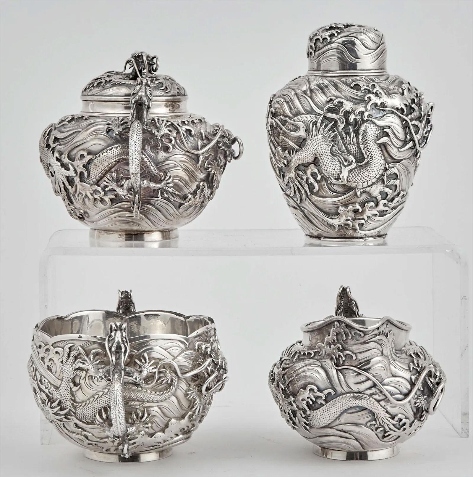 Arthur and Bond Sterling Silver Coffee and Tea Service in Japanese Style For Sale 2
