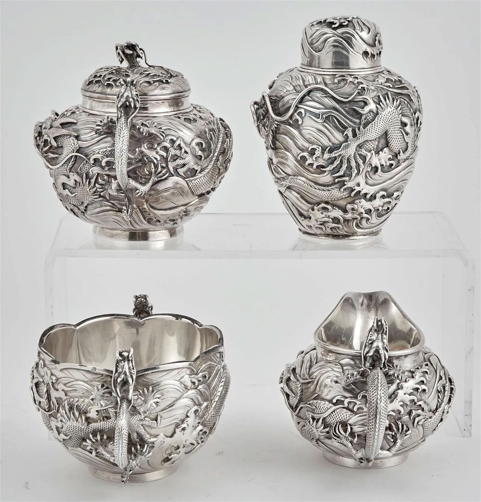 Arthur and Bond Sterling Silver Coffee and Tea Service in Japanese Style For Sale 3