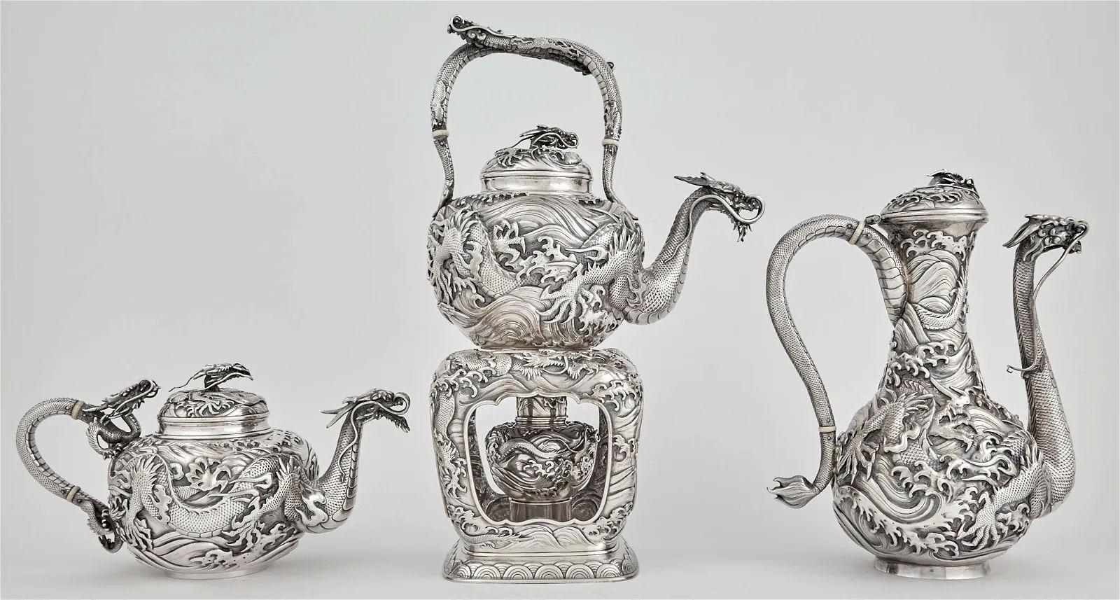 English Arthur and Bond Sterling Silver Coffee and Tea Service in Japanese Style For Sale