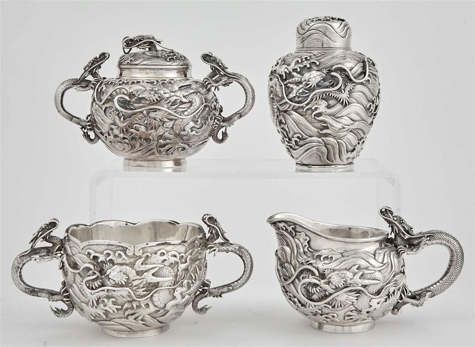 Repoussé Arthur and Bond Sterling Silver Coffee and Tea Service in Japanese Style For Sale