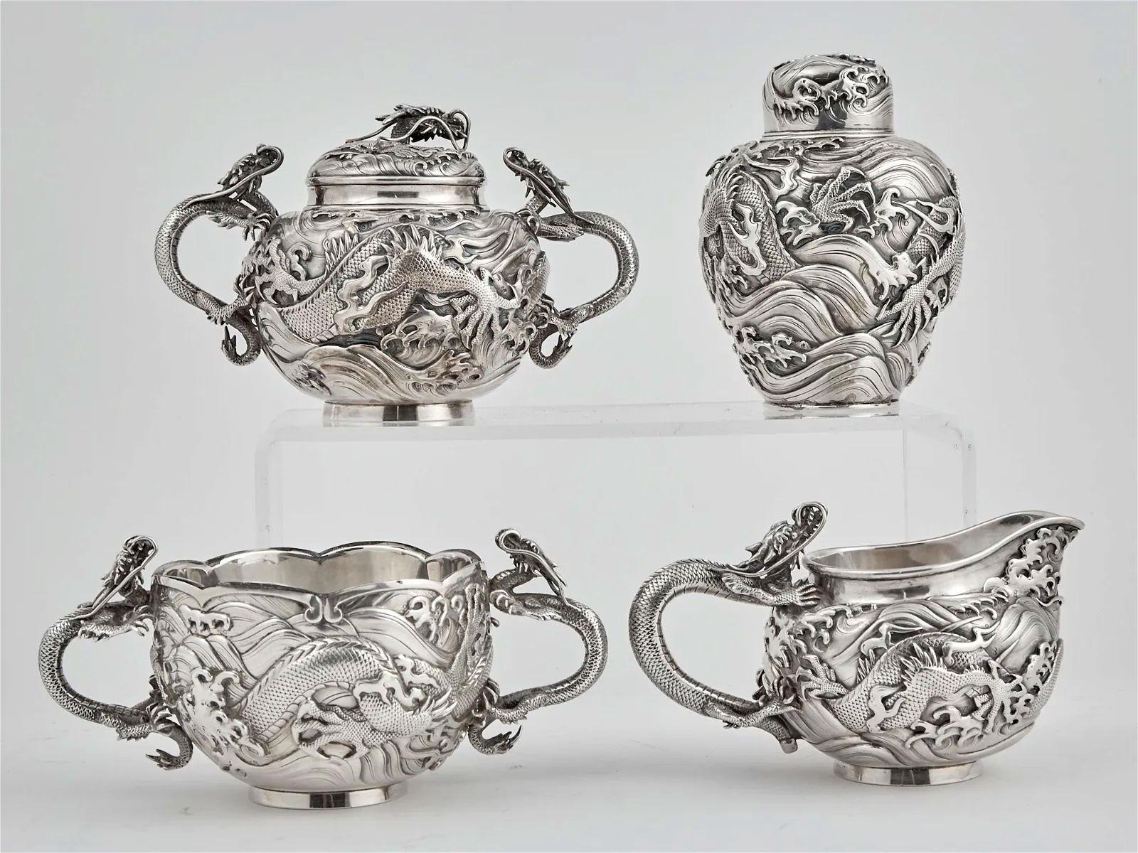 Arthur and Bond Sterling Silver Coffee and Tea Service in Japanese Style In Good Condition For Sale In New York, US