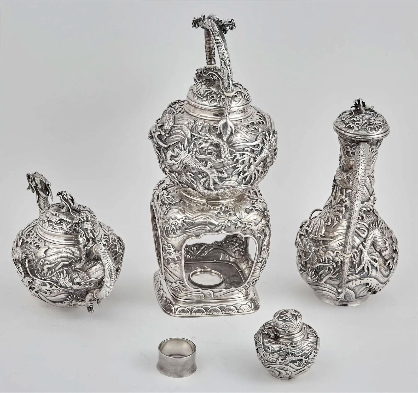 19th Century Arthur and Bond Sterling Silver Coffee and Tea Service in Japanese Style For Sale