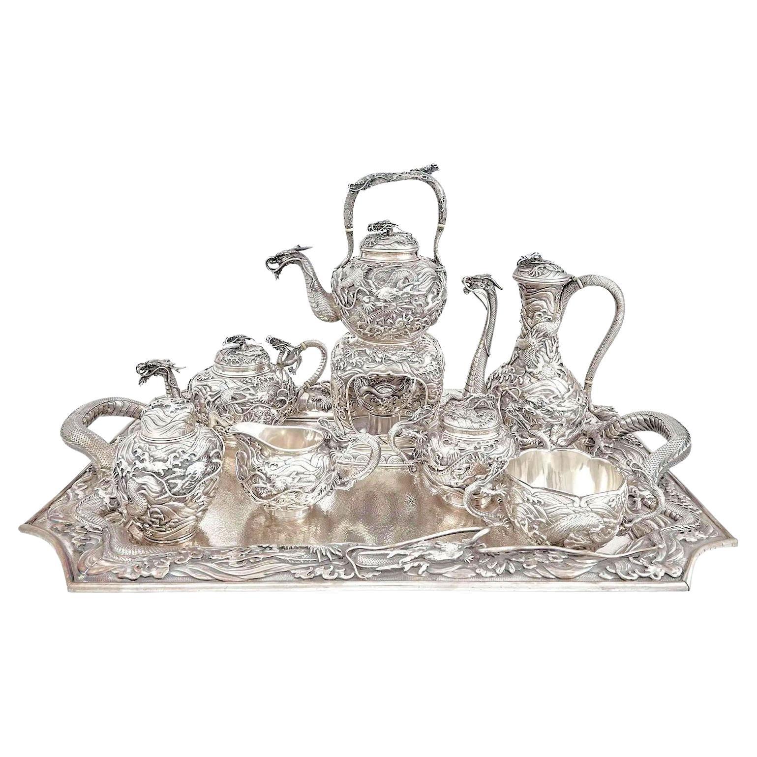 Arthur and Bond Sterling Silver Coffee and Tea Service in Japanese Style For Sale