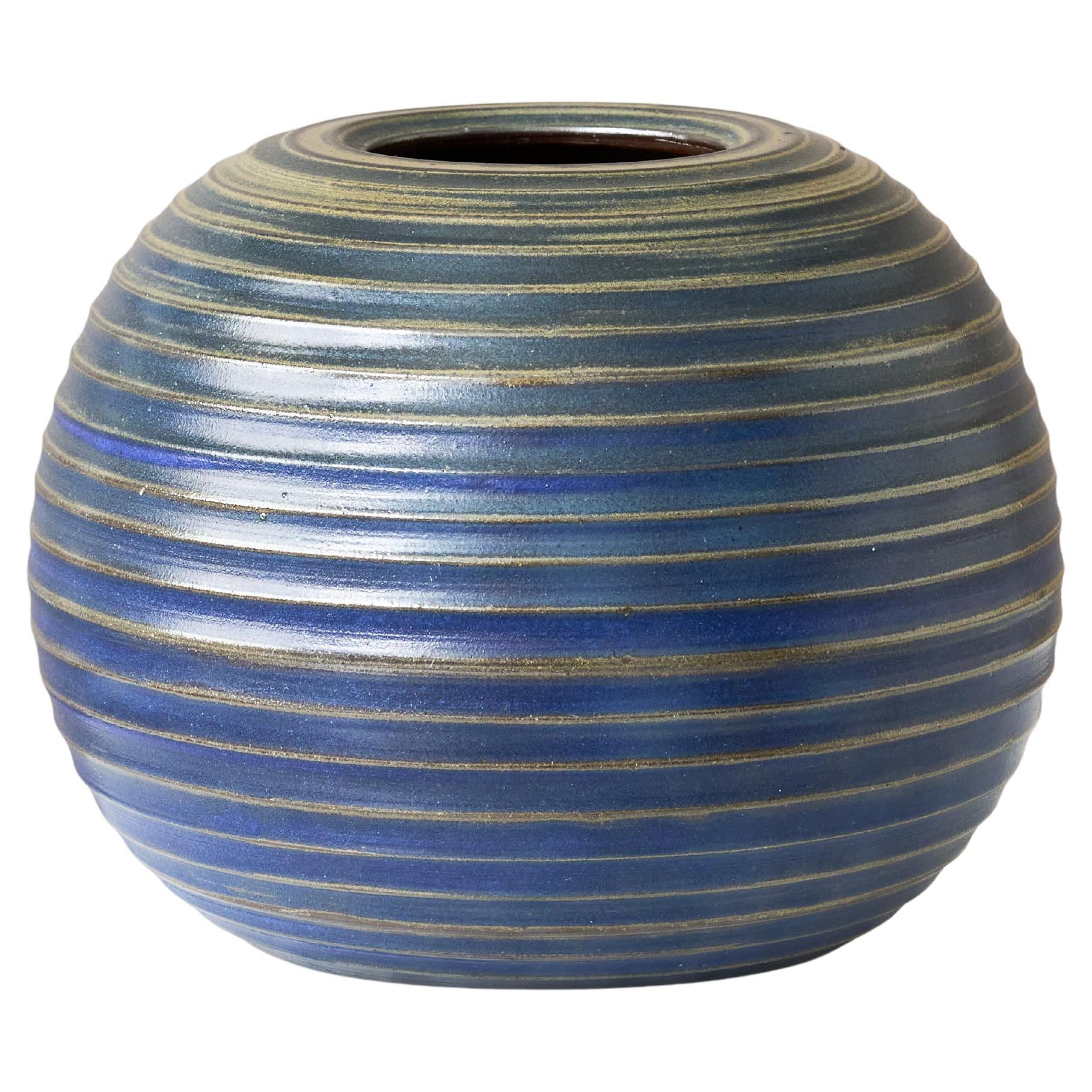 Arthur Andersson Blue Mid-Century Stoneware Globe Vase by Wallakra, Sweden 1950s For Sale