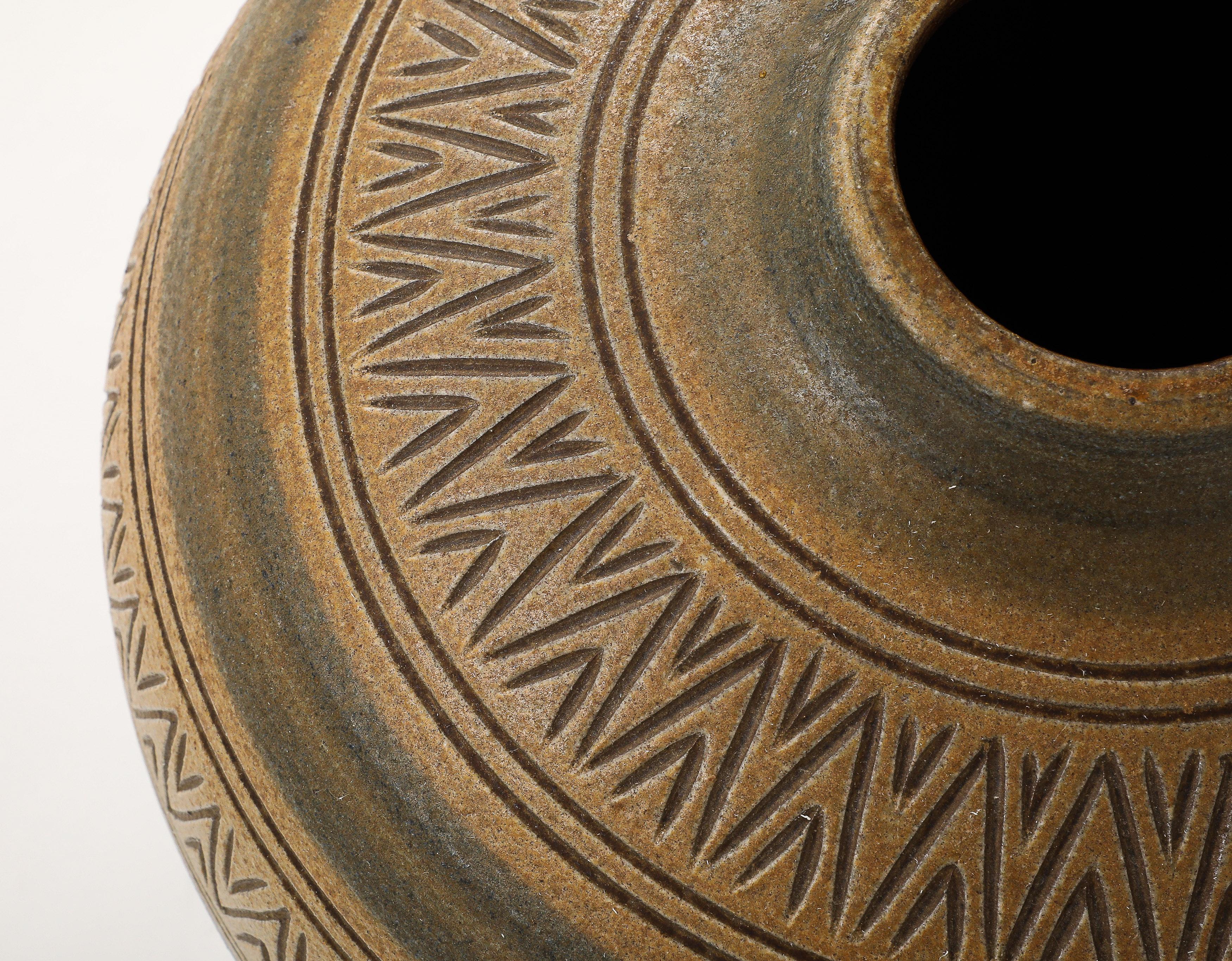 Arthur Andersson Large Incised Floor Vase, Sweden, Wallåkra, c.1950's , signed In Good Condition For Sale In Brooklyn, NY