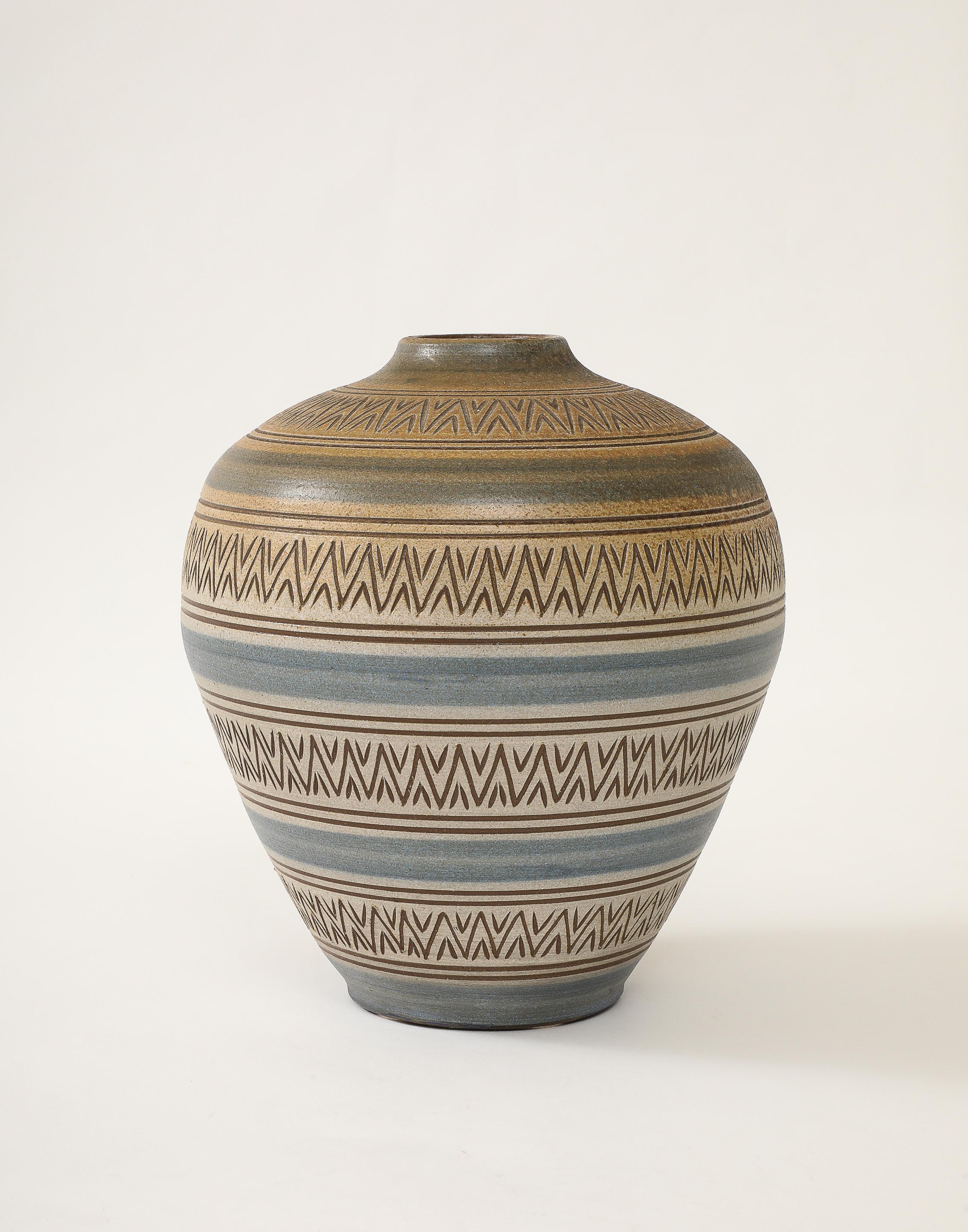 Ceramic Arthur Andersson Large Incised Floor Vase, Sweden, Wallåkra, c.1950's , signed For Sale