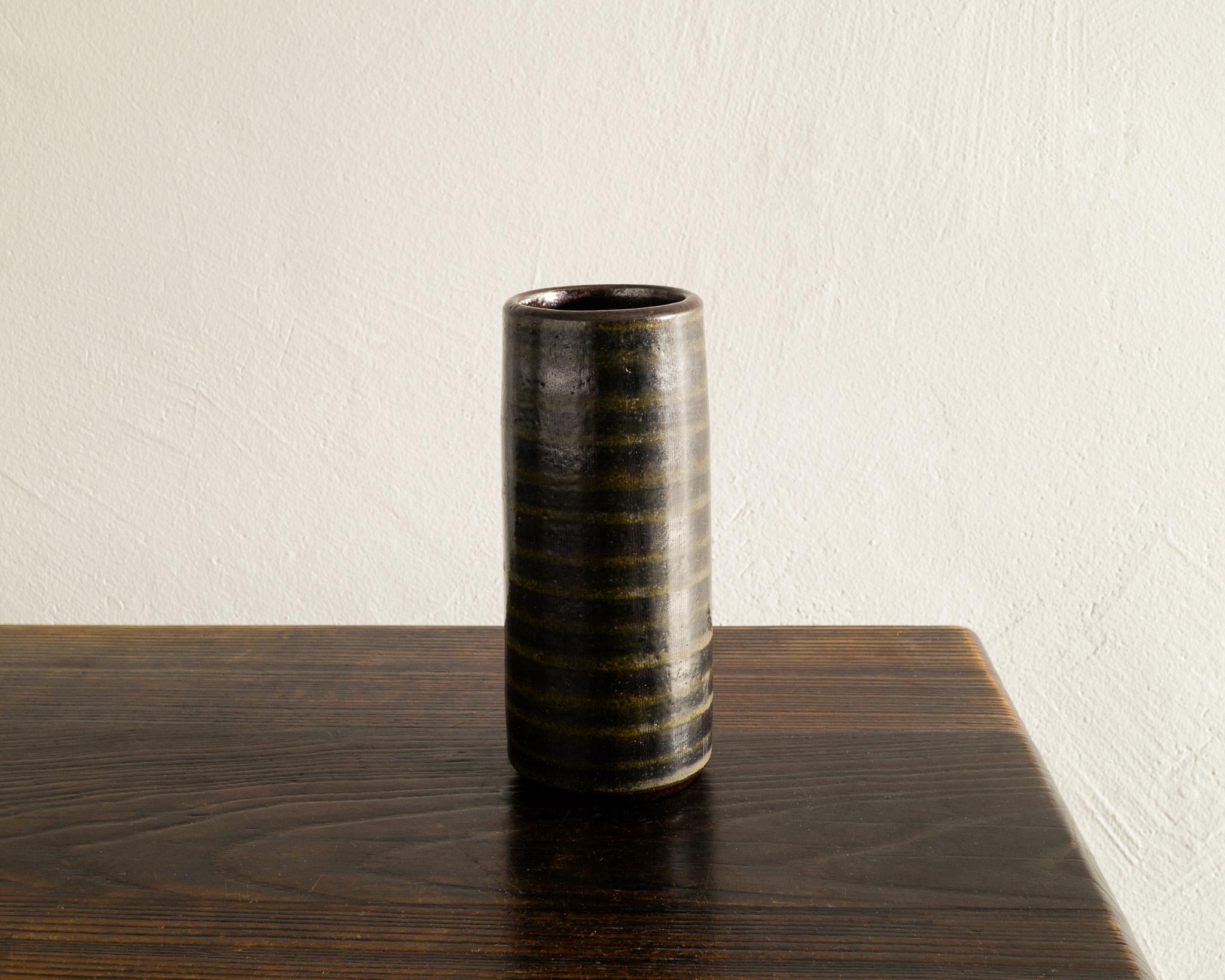 Scandinavian Modern Arthur Andersson Mid Century Cylinder Ceramic Vase Produced by Wallåkra, 1940s For Sale