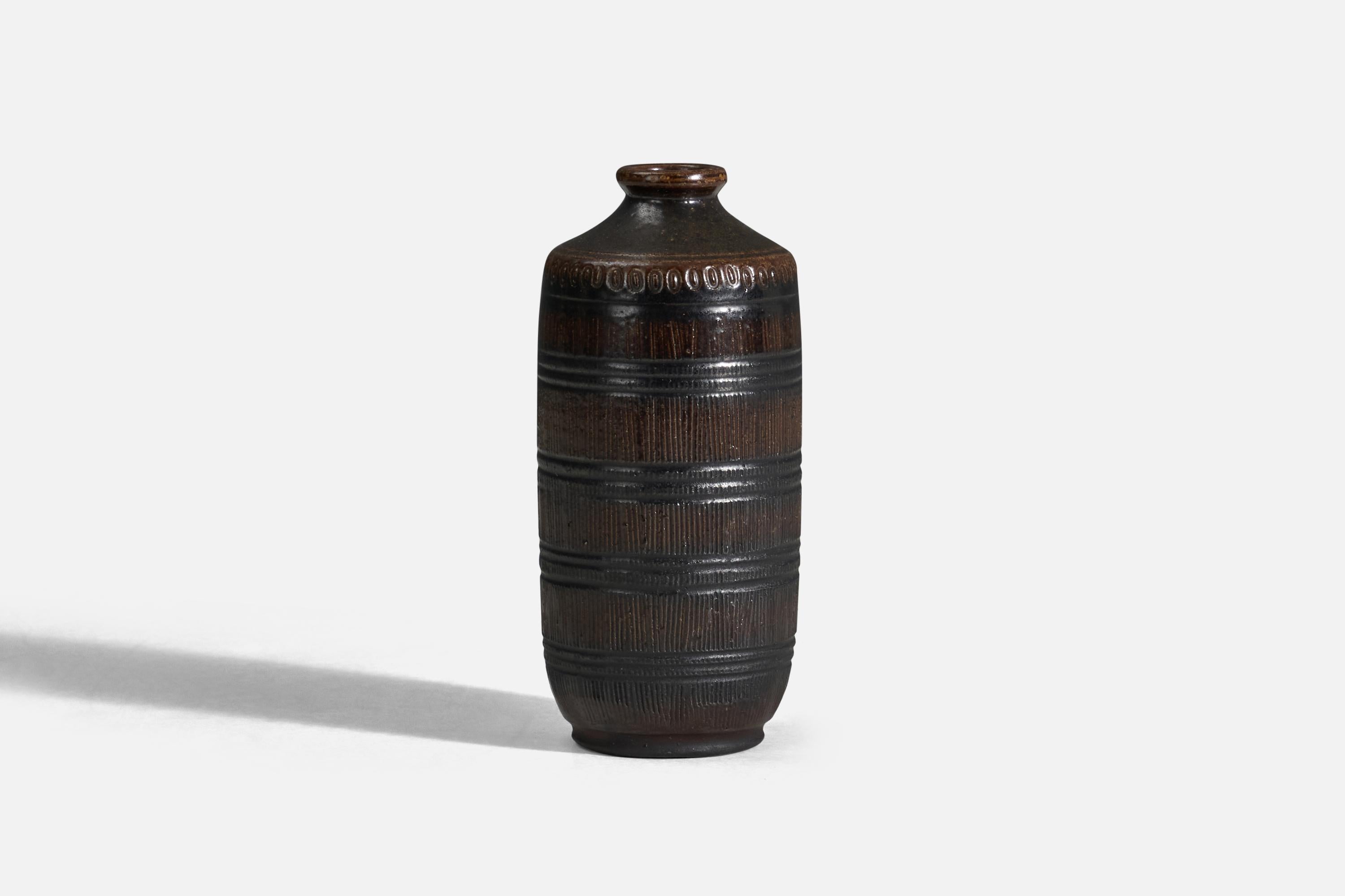 A black and brown glazed stoneware vase designed by Arthur Andersson and produced by Wallåkra, Sweden, 1950s.