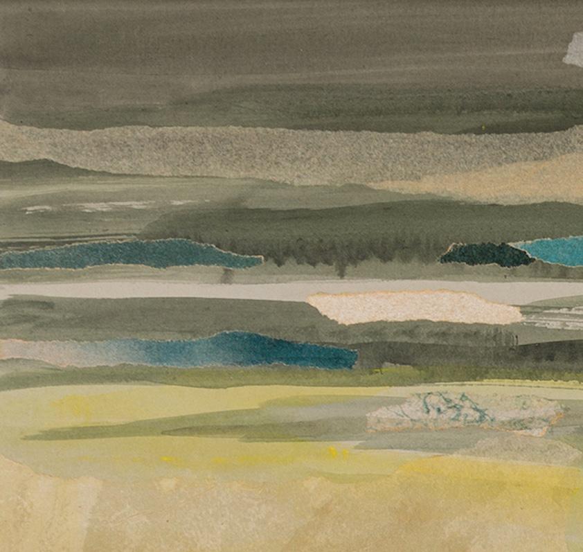 Figure dans un paysage - 20e siècle Collage de paysage jaune avec figure en vente 8