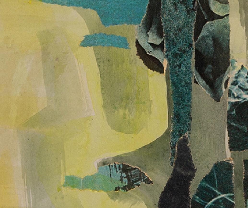 Figure dans un paysage - 20e siècle Collage de paysage jaune avec figure en vente 1