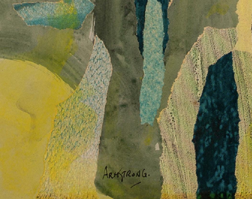 Figure dans un paysage - 20e siècle Collage de paysage jaune avec figure en vente 2