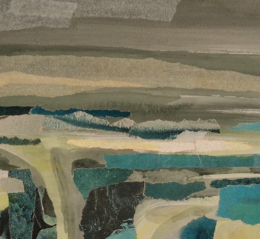 Figure dans un paysage - 20e siècle Collage de paysage jaune avec figure en vente 7