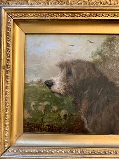 English Antique oil portrait of an old hound or dog in a landscape
