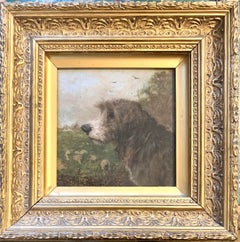 English Antique oil portrait of an old hound or dog in a landscape