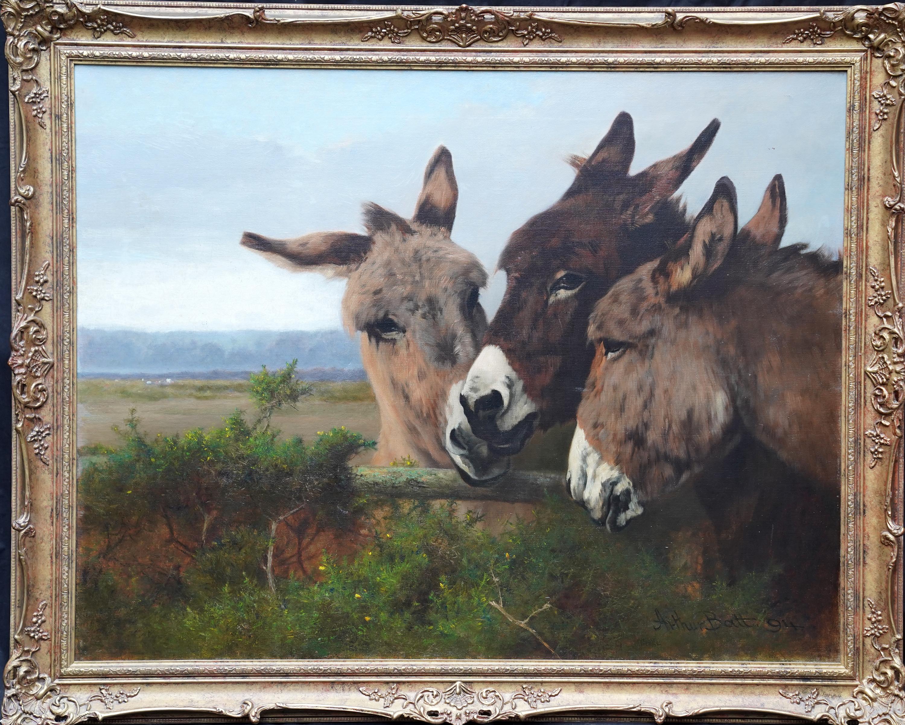 Portrait of Donkeys in a Landscape - British Victorian art animal oil painting