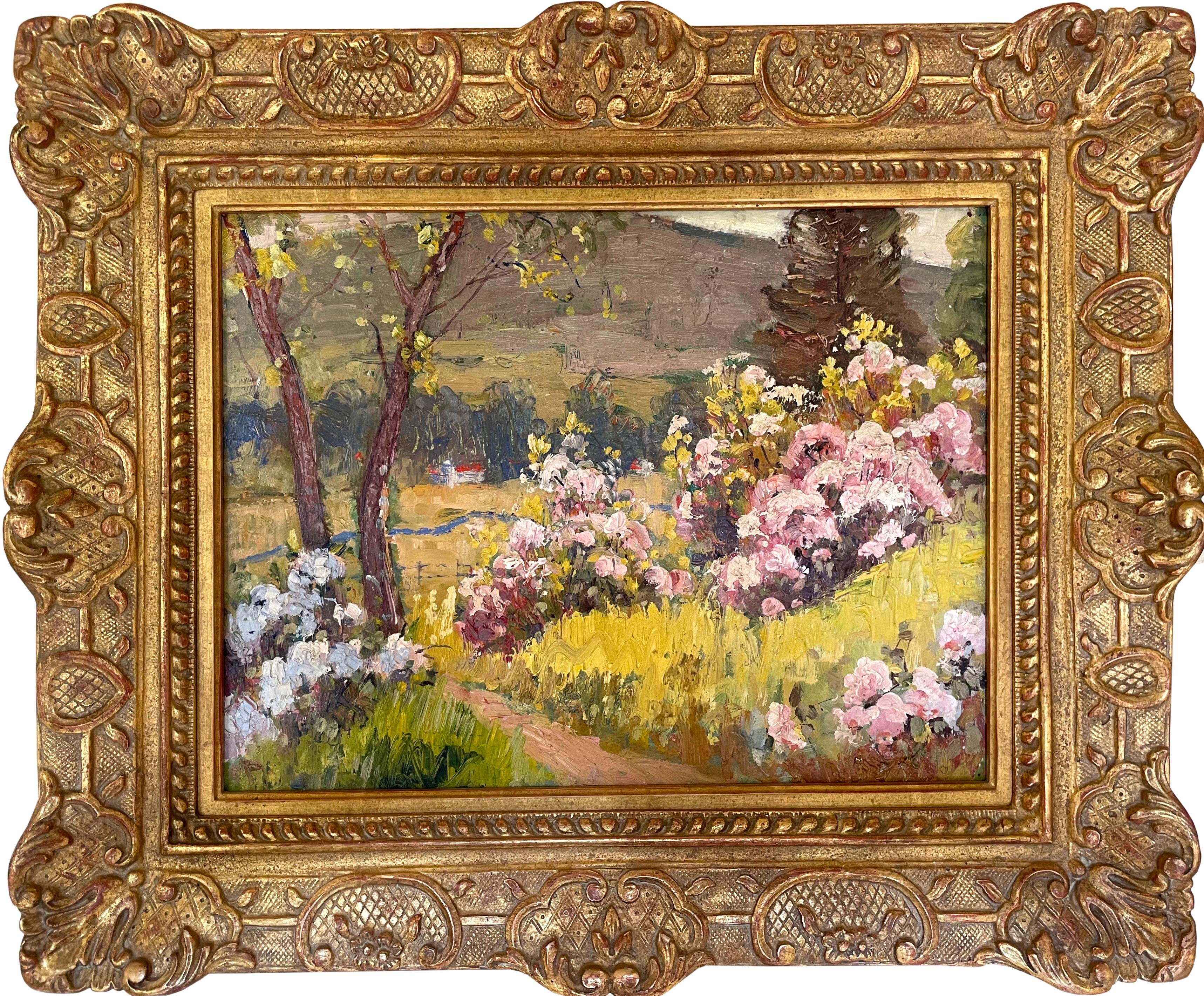 
Arthur Beaumont, (Amerikaner, 20. Jahrhundert), Sträucher in Blüte,
Öl auf Platte,
11,5 x 16 Zoll (29,21 cm x 40,64 cm), insgesamt in einem vergoldeten Rahmen, 19 x 23 Zoll (48,26 x 58,42 cm)
Provenienz: Quaresco Gallery Ltd. Washington,