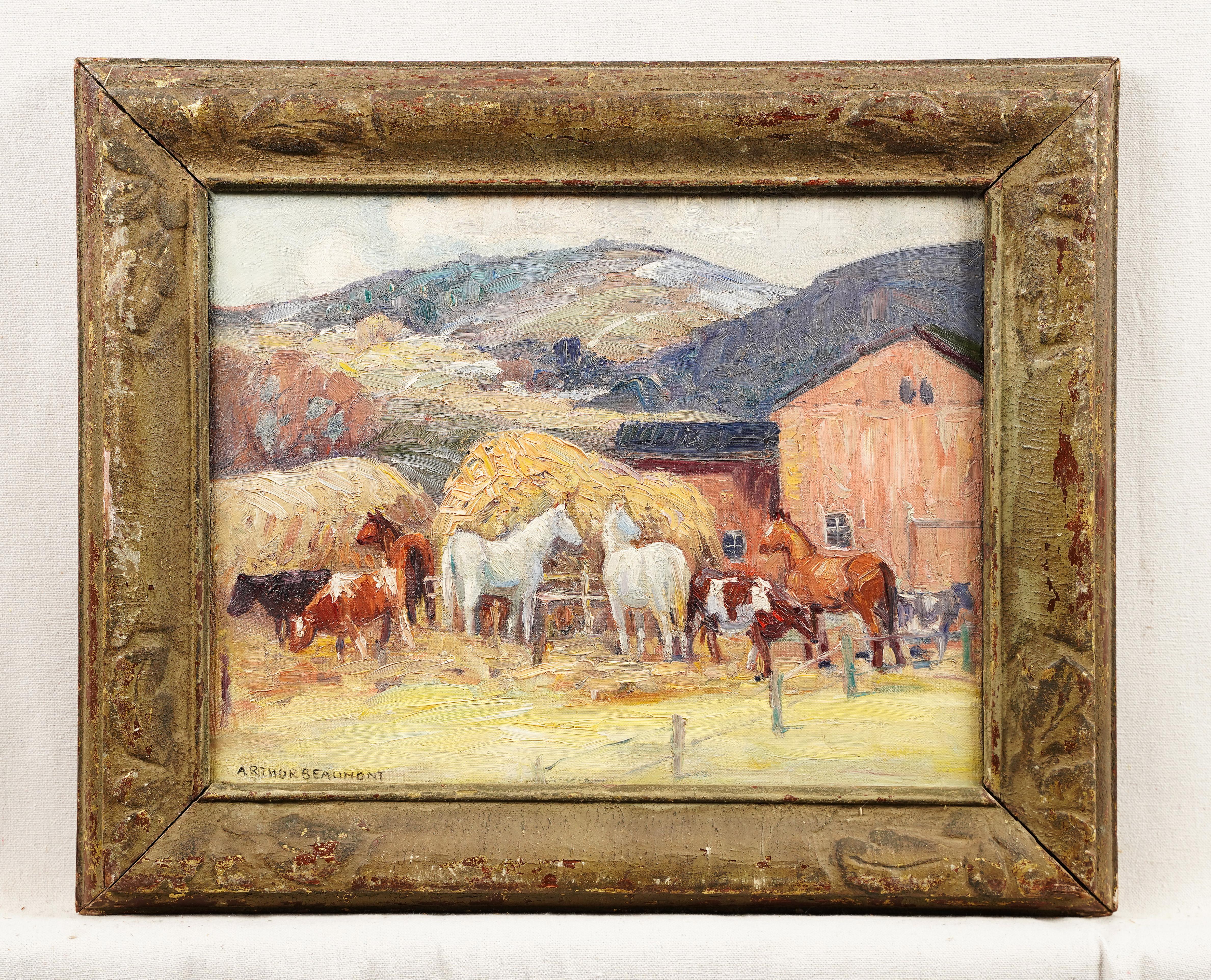  Peinture à l'huile ancienne de paysage de ferme à cheval d'hiver en Nouvelle-Angleterre, États-Unis - Painting de arthur beaumont