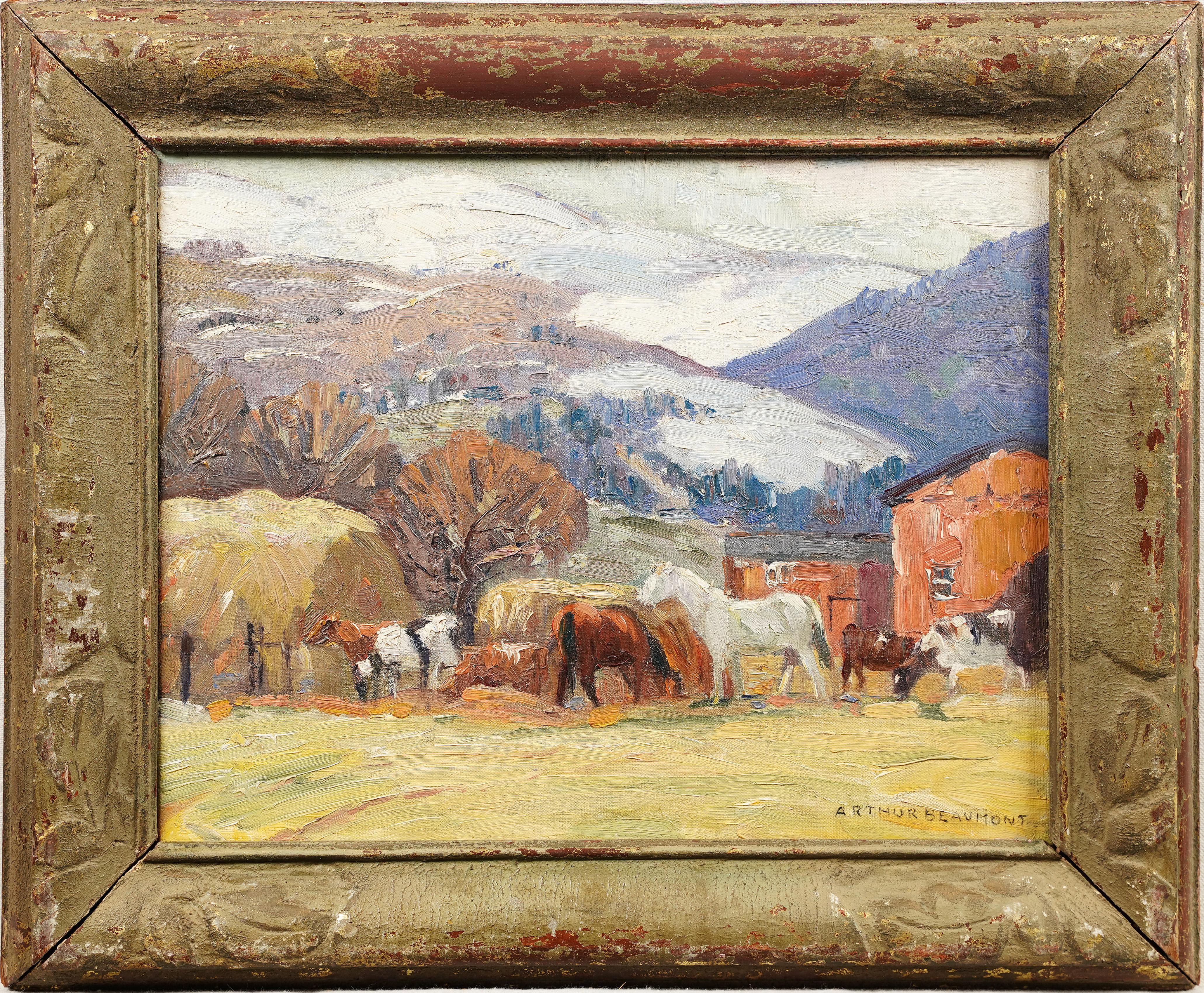 Antique American Snowy New England Winter Horse Farm Landscape Oil Painting For Sale 1