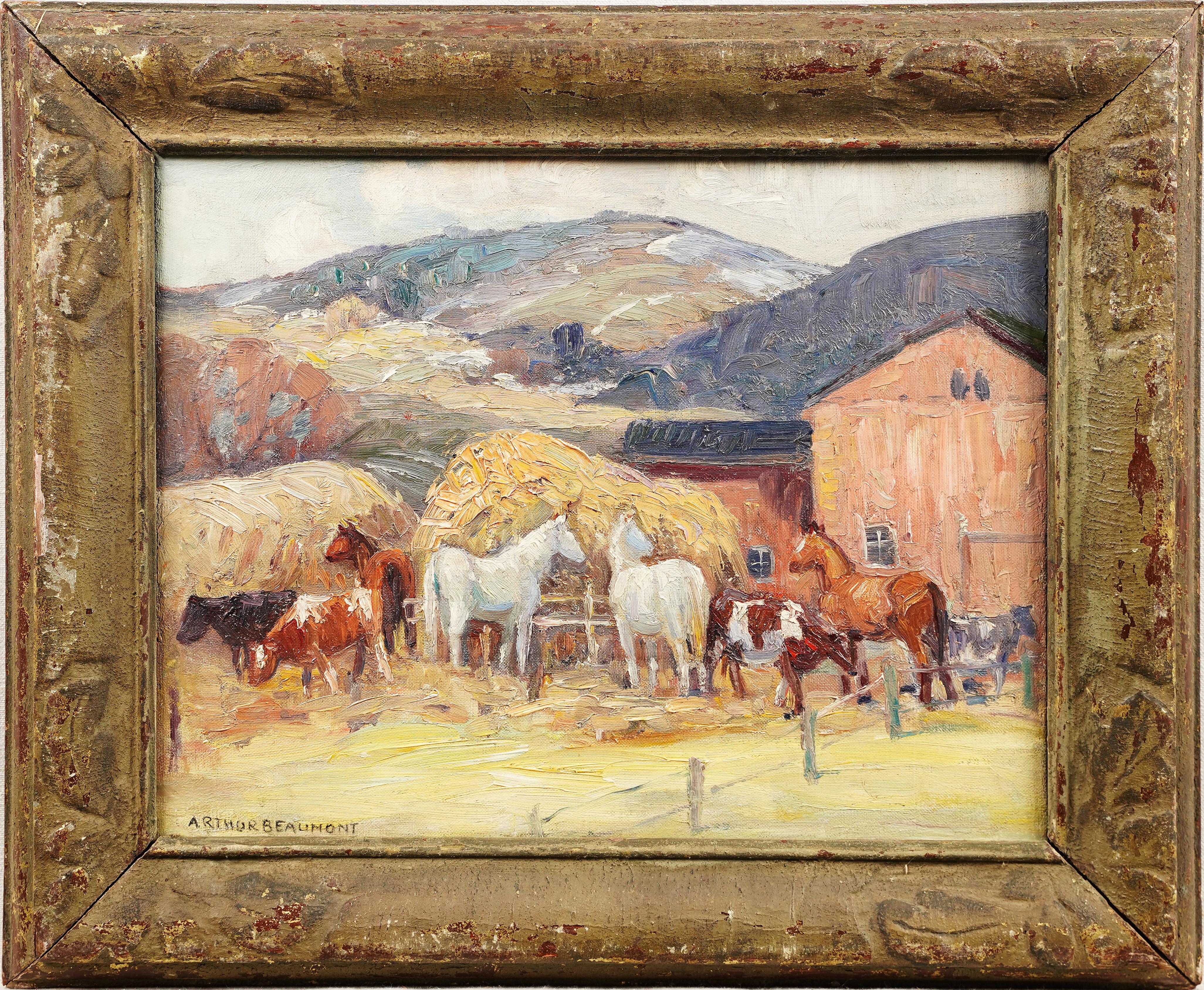  Peinture à l'huile ancienne de paysage de ferme à cheval d'hiver en Nouvelle-Angleterre, États-Unis - Impressionnisme Painting par arthur beaumont