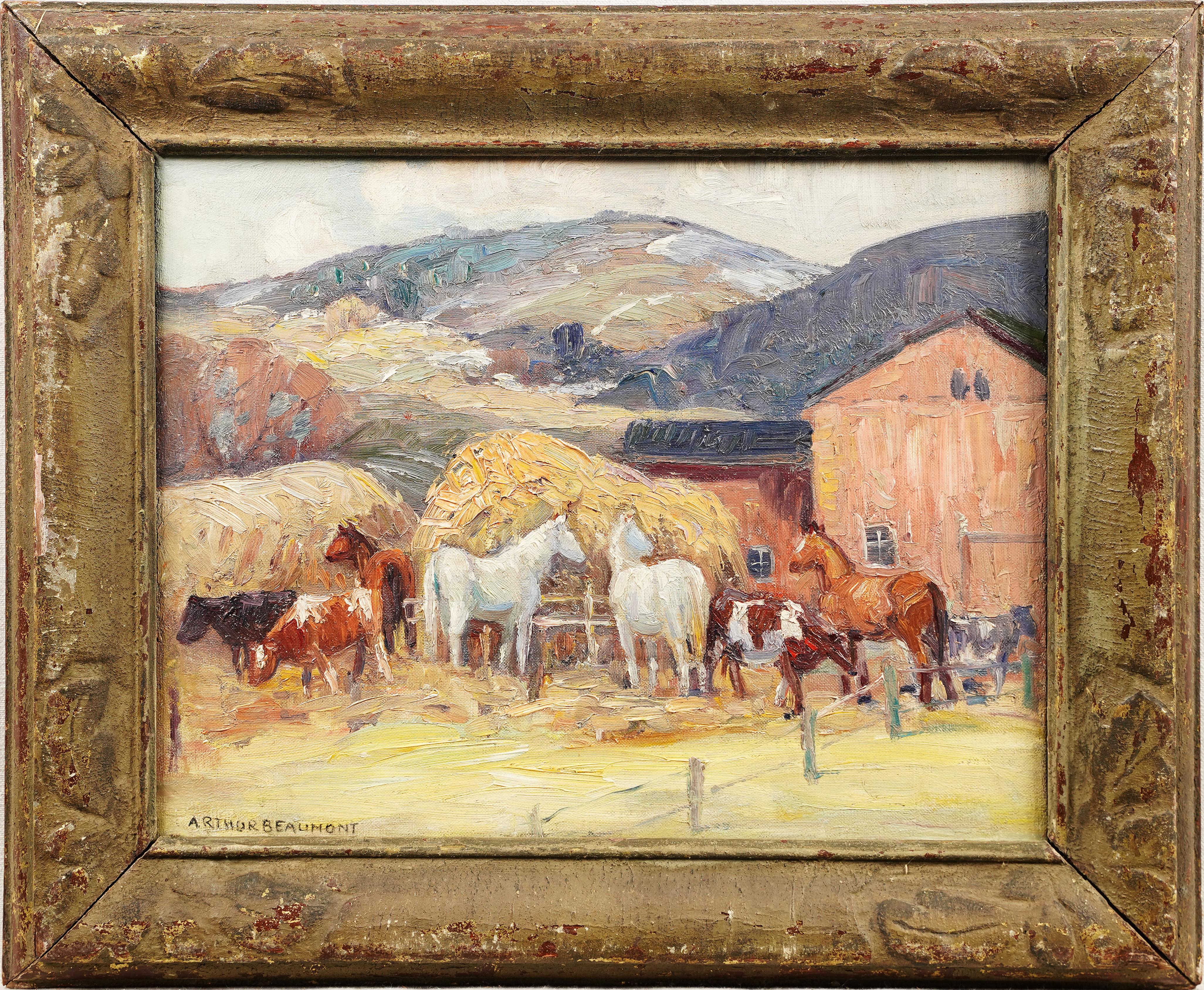 Antiguo cuadro al óleo americano Paisaje al óleo nevado invernal de Nueva Inglaterra sobre una granja de caballos - Painting Impresionista de arthur beaumont